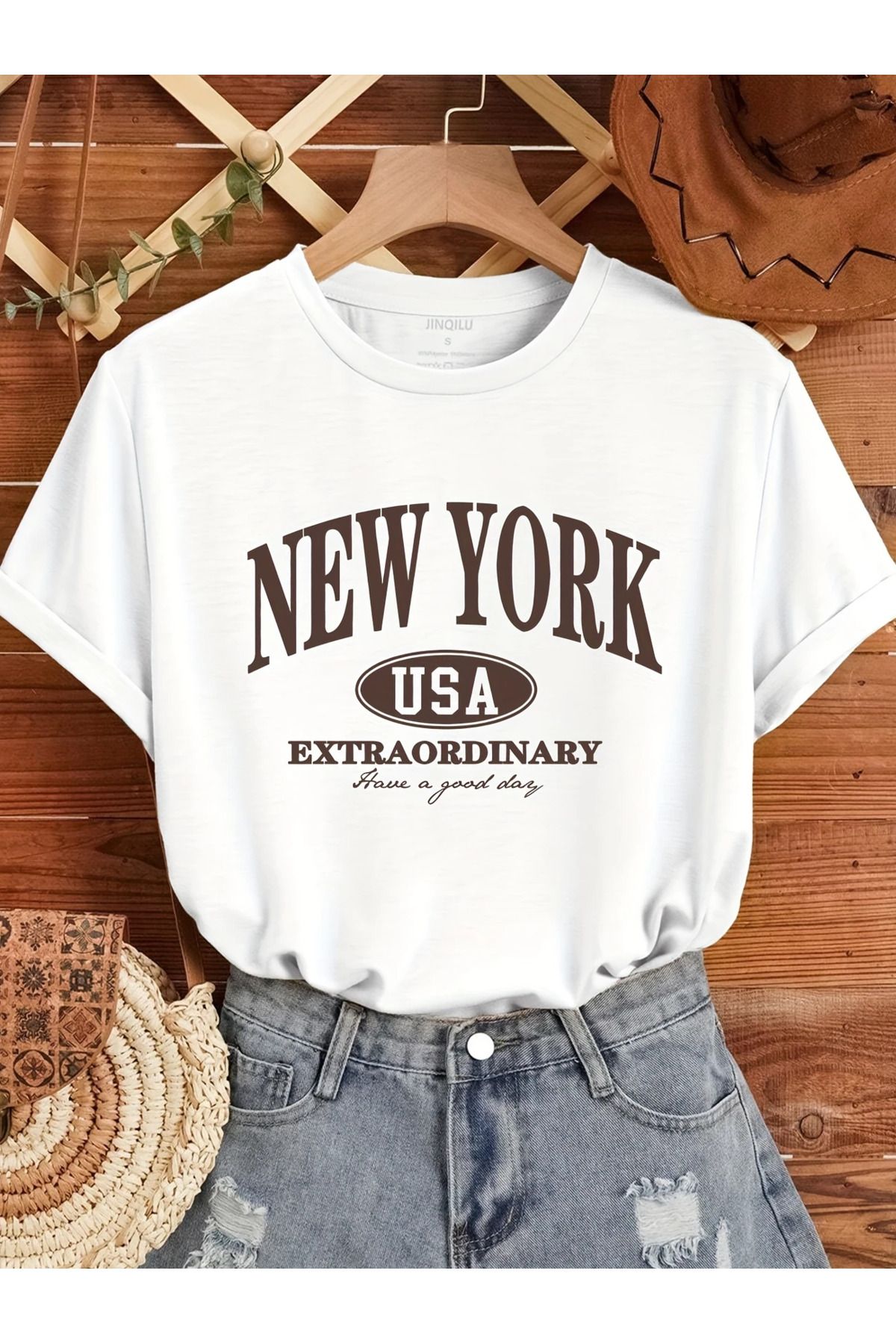 LAND MODA Kadınlar için Rahat Yeni York Baskılı T-Shirt - Kısa Kollu Yuvarlak Yaka