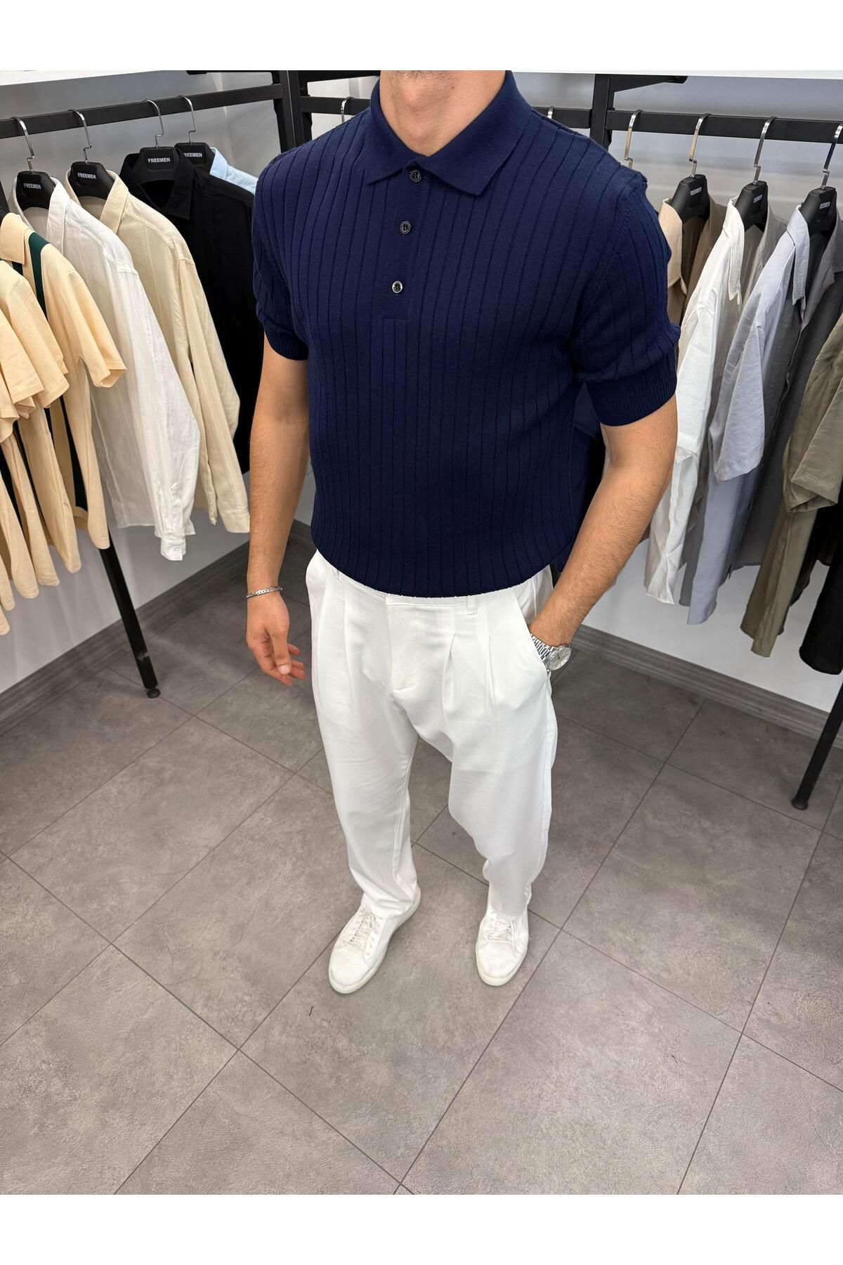Butik Düğme ve Fitil Detaylı Polo Yaka Triko Lacivert