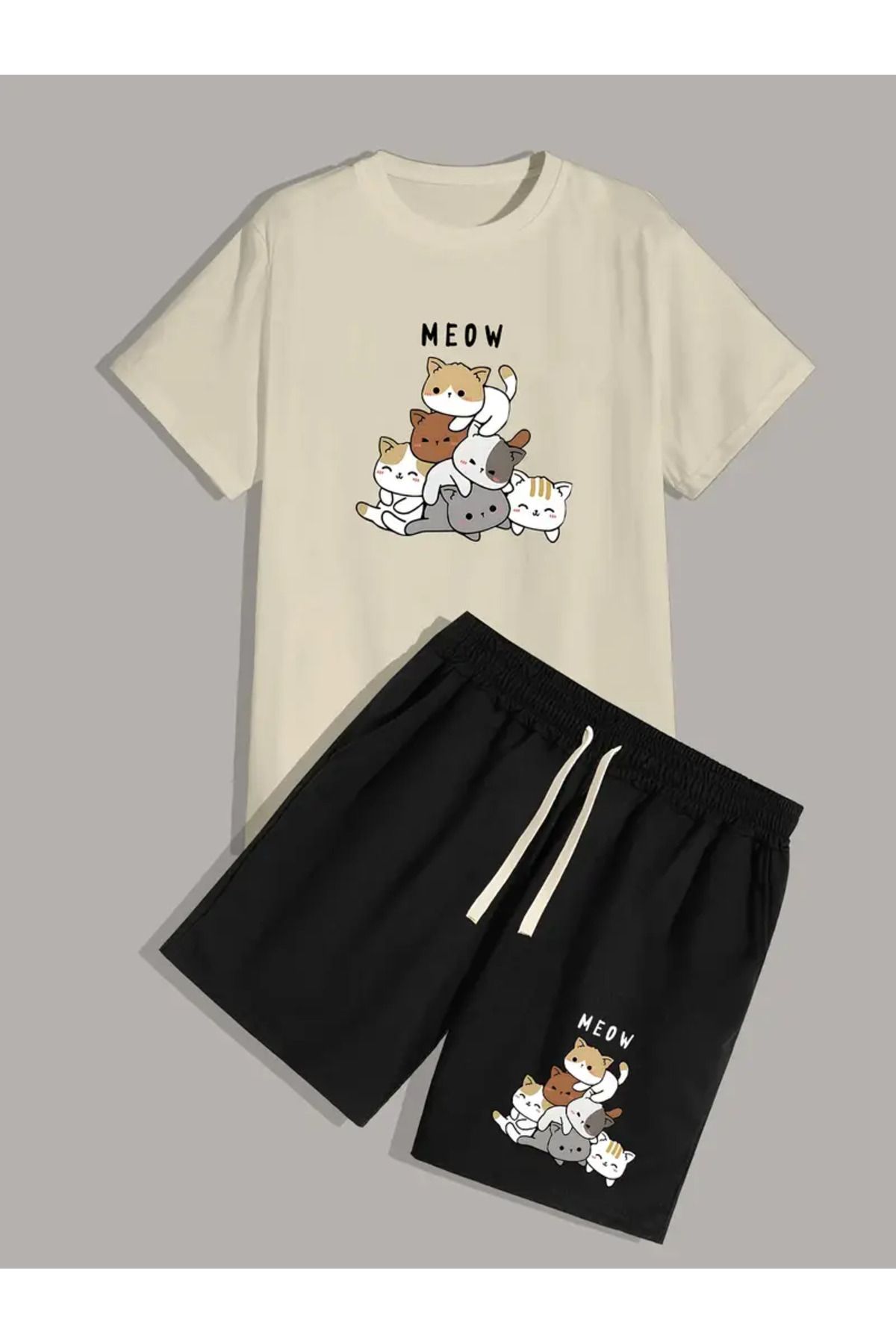 aynewmoda Çekici kedi desenli erkek 2 parçalı takım: rahat polyester tişört ve bağcıklı şort -