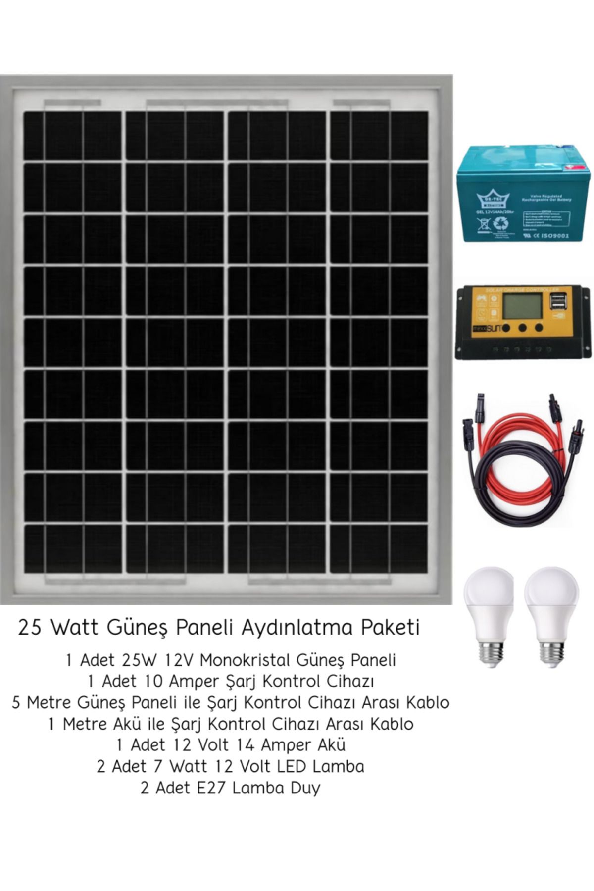 Fabri Solar Güneş Enerjisi Aydınlatma Paketi – 1X 10Ah Şarj Kontrol Cihazı + 1X 25W Güneş Paneli +1X 12V 14Ah Ak