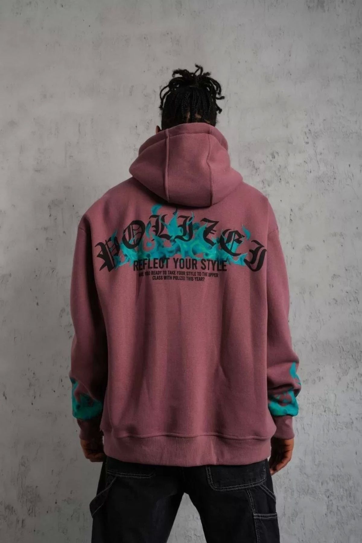luz&pos Erkek Üç İplik İçi Pamuklu Alev Baskılı Kapüşonlu Sweatshirt - Gül Kurusu