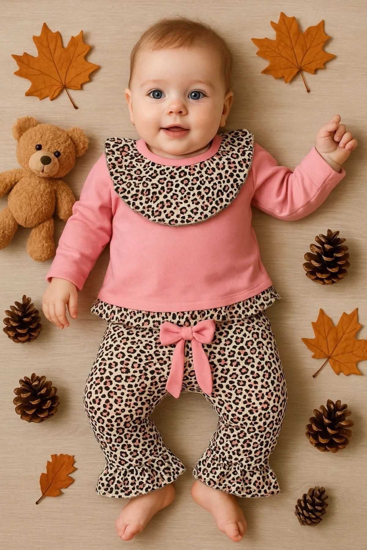 Babydonat Leopar Detaylı 2'li Kız Bebek Takım %100 Pamuk