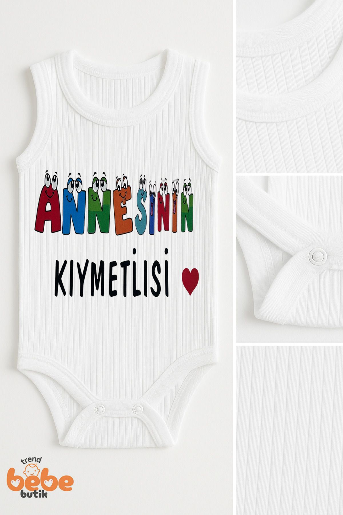Trend Bebe Butik Annesinin Kıymetlisi Yazılı Unisex Bebek Çıtçıtlı Zıbın Body 6-36 Ay %100 Pamuk Yazlık Atlet Tulum