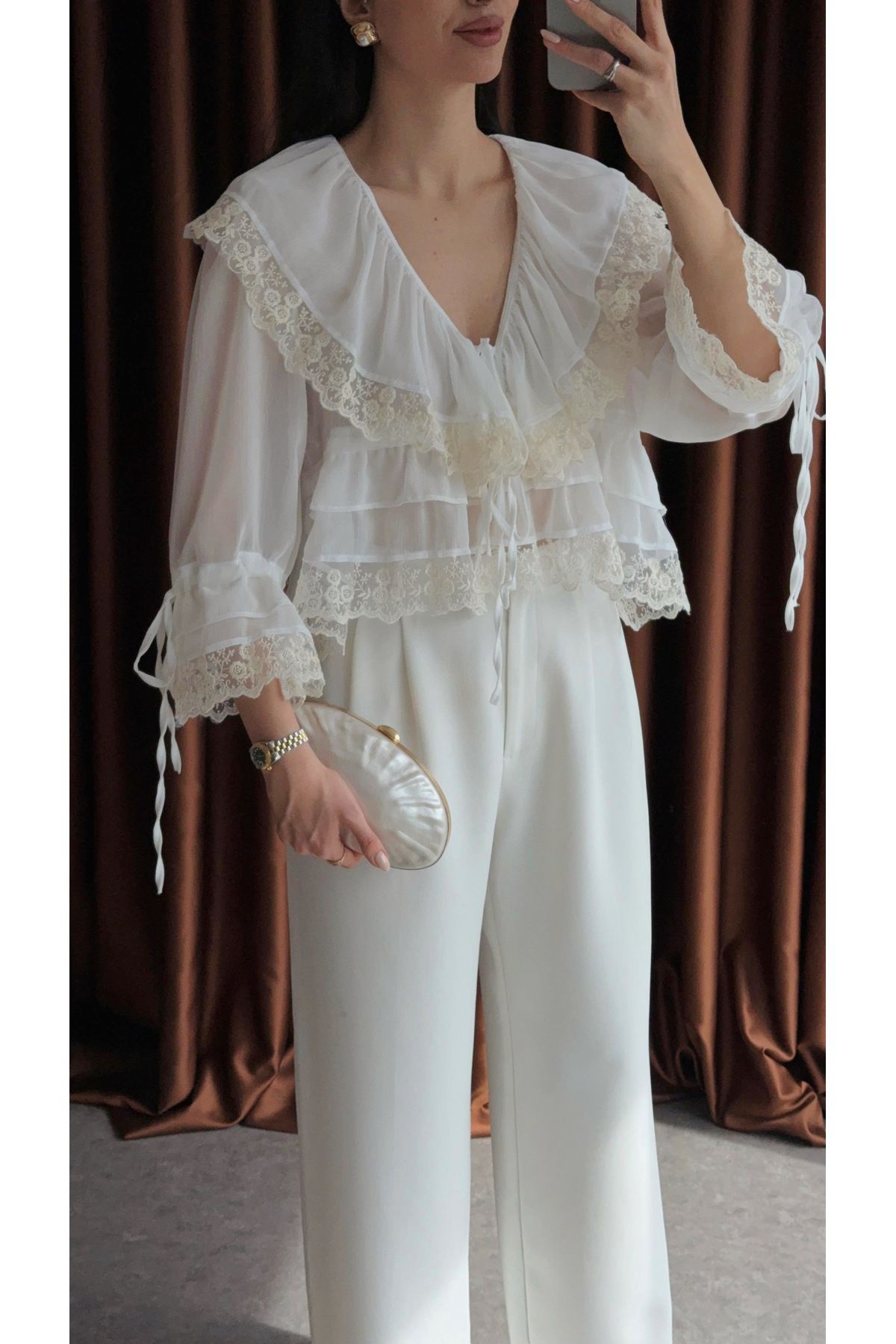 BRTC design Kadın Ekru Dantel Ve Bağlama Detaylı Peplum Şifon Bluz