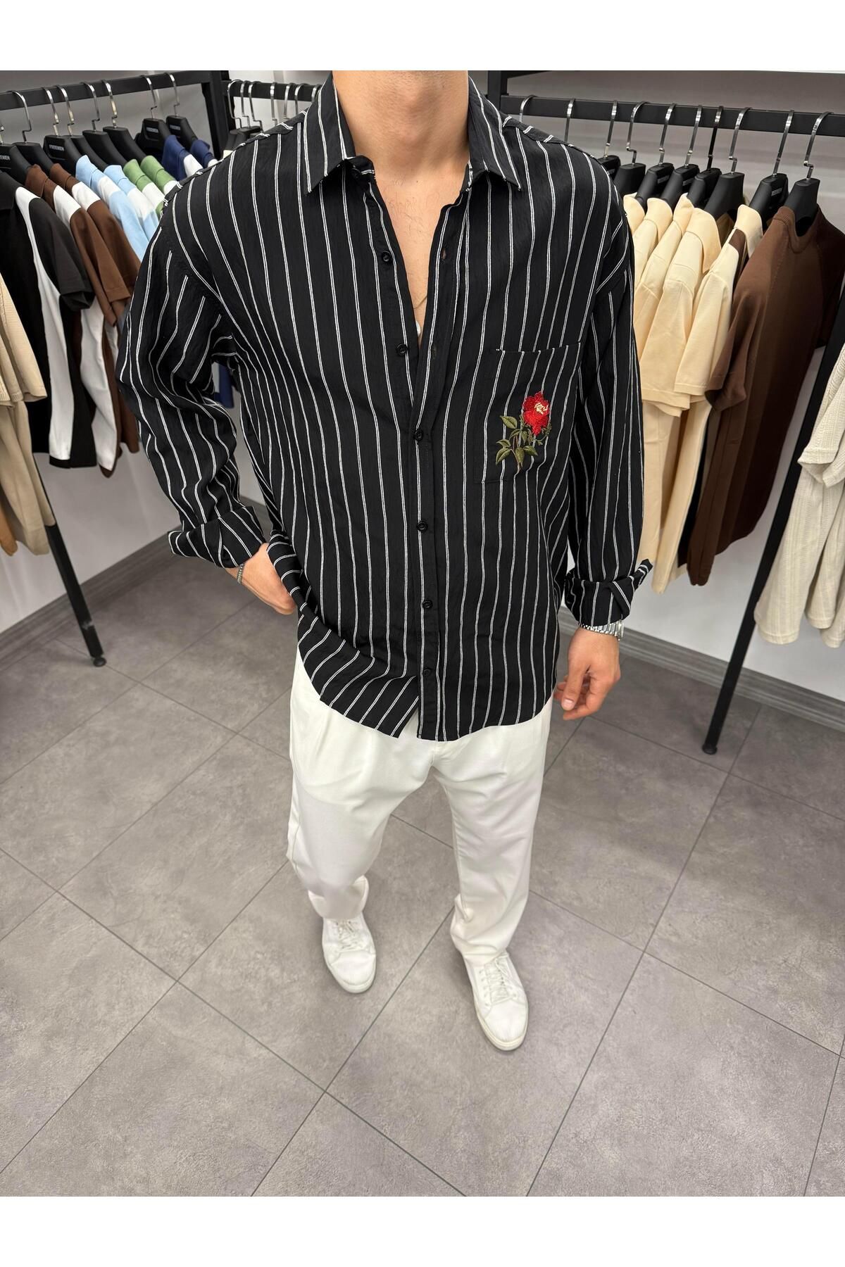 Butik Gül Nakışlı Çizgili Jakar Kumaş Oversize Gömlek Siyah