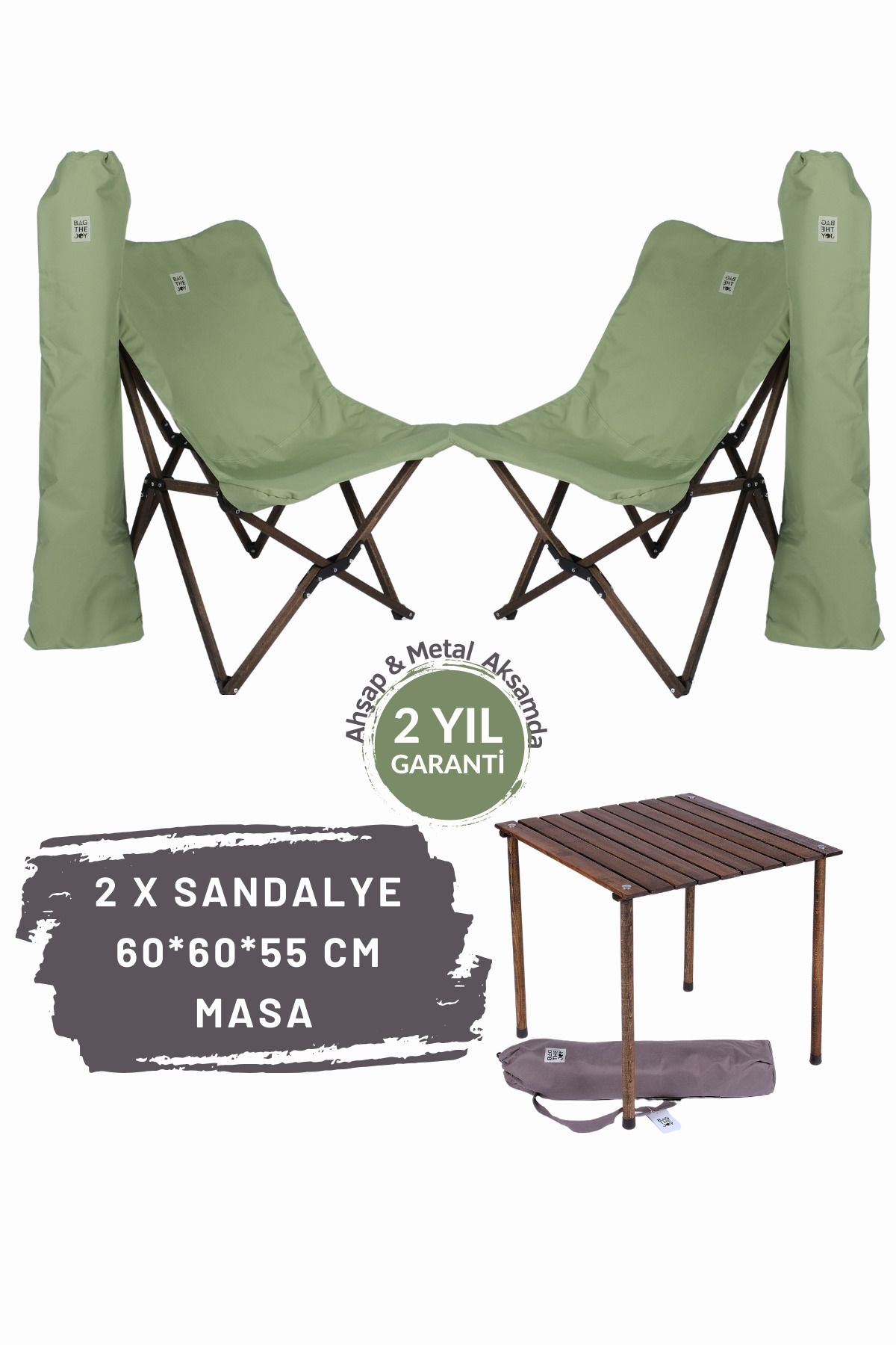 Bag The Joy Ahşap Katlanır Masa Sandalye Seti Antrasit Iskelet Su Yeşili Kılıf -60x60x55 Antrasit Masa