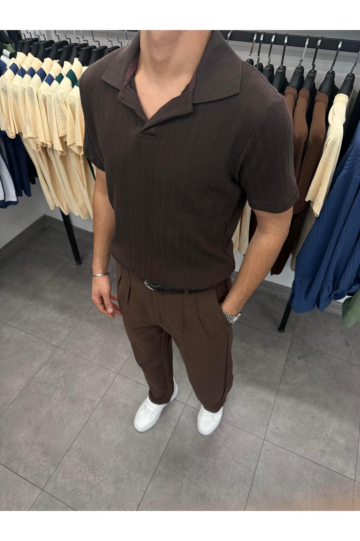 Butik Örme Desenli Apaç Yaka Triko Kahve