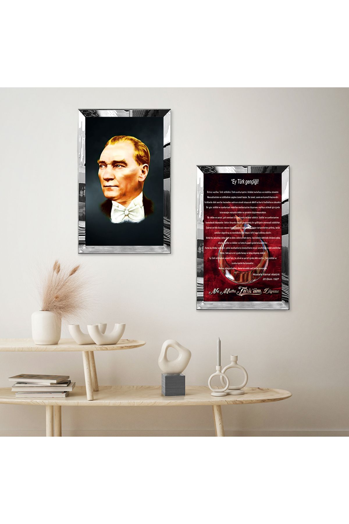 Zevahir Mobilya Dekorasyon-Silver Mirrored Plexi Frame Youth Habitat and Independence Marshal Double Mdf Table Set 2