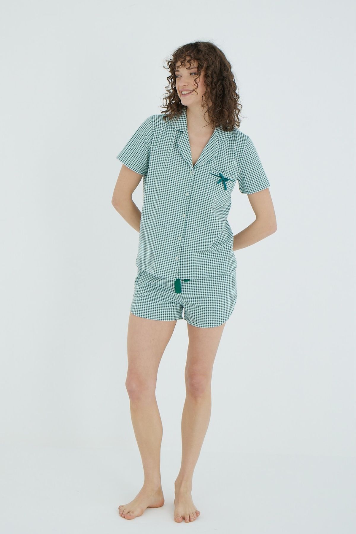 İPEKTENİM Pötikareli Cep Fiyonk Detaylı Gömlek Şort Pijama Takımı