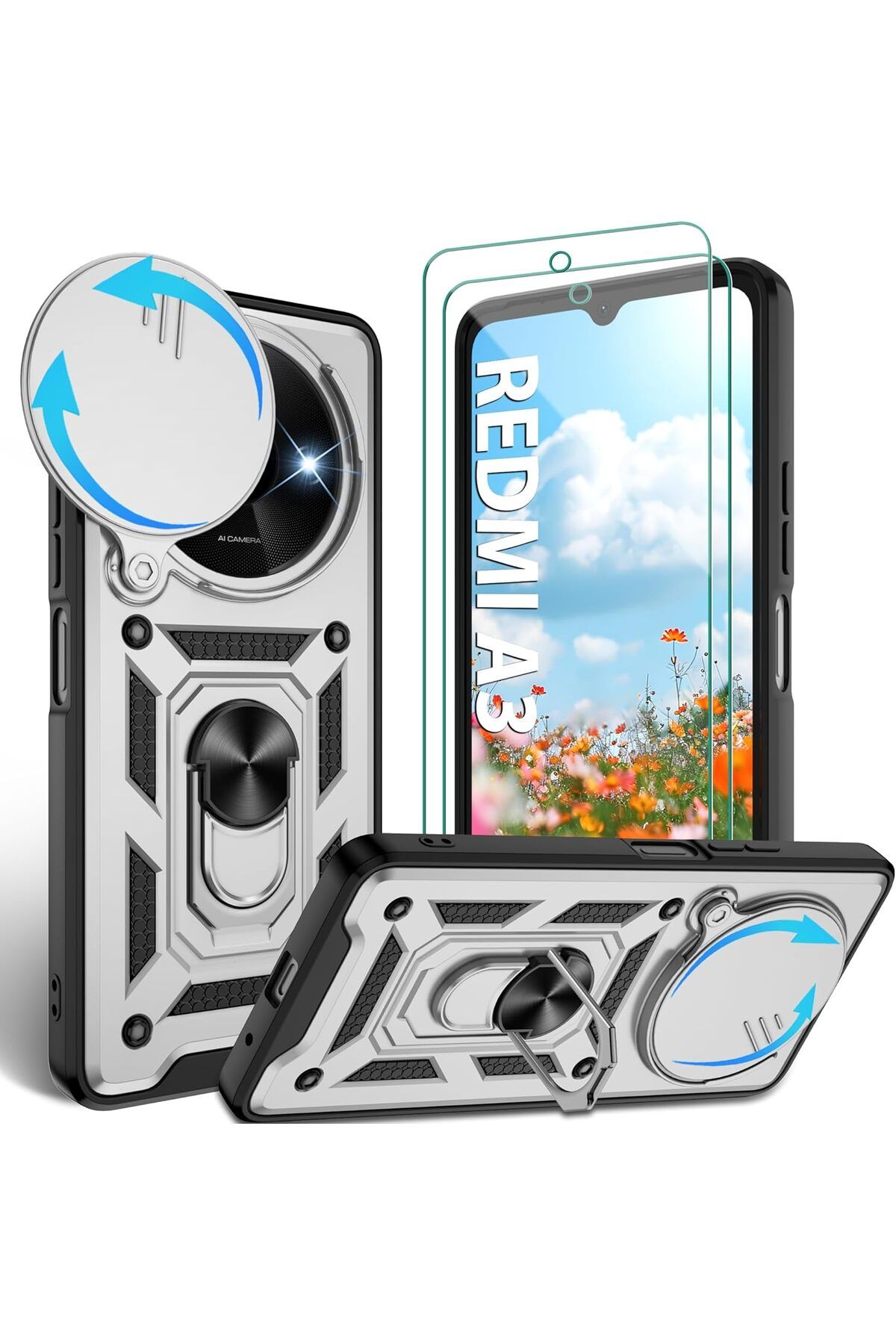Rivor Xiaomi Redmi A3 4G & Poco C61 Kılıf Kamera Sürgülü Standlı Yüzüklü Darbe Emici Koruyucu Tank Kapak