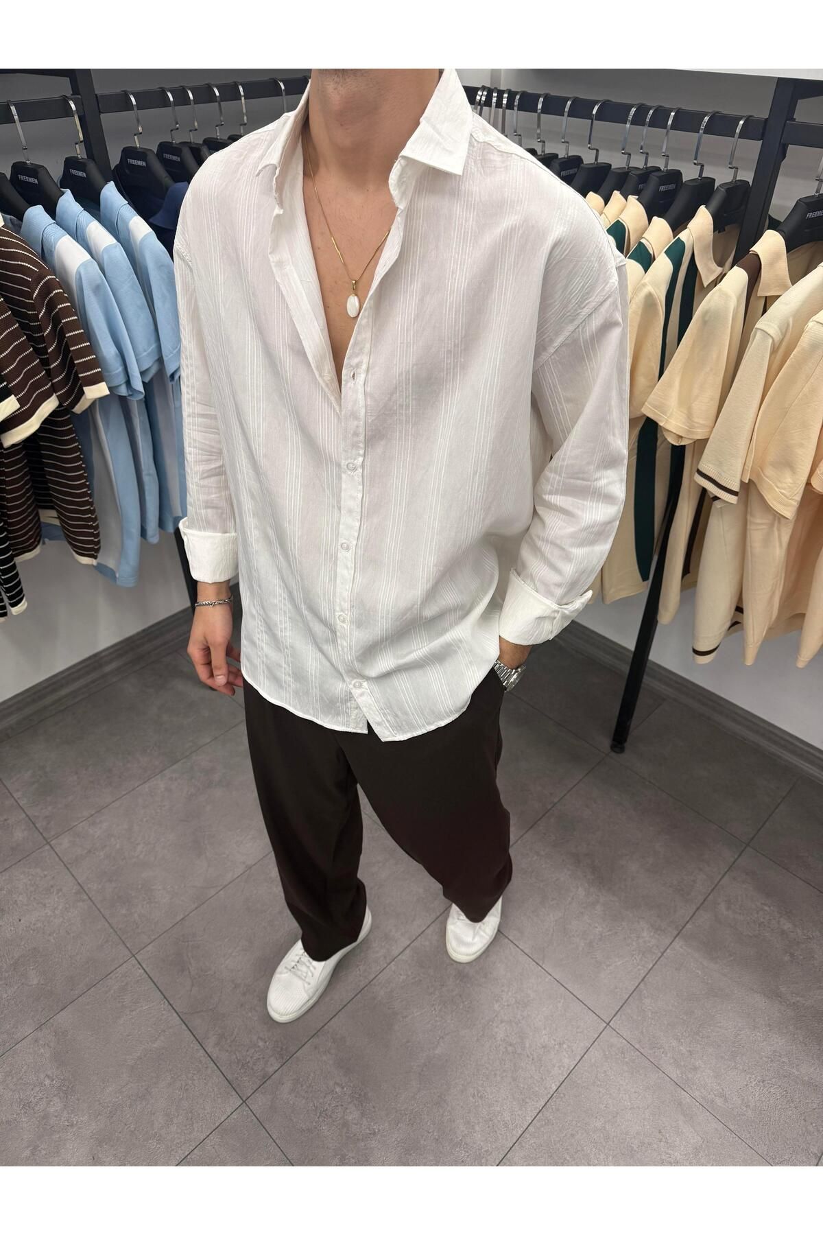 Butik Çift Çizgi Detaylı Oversize Gömlek Beyaz