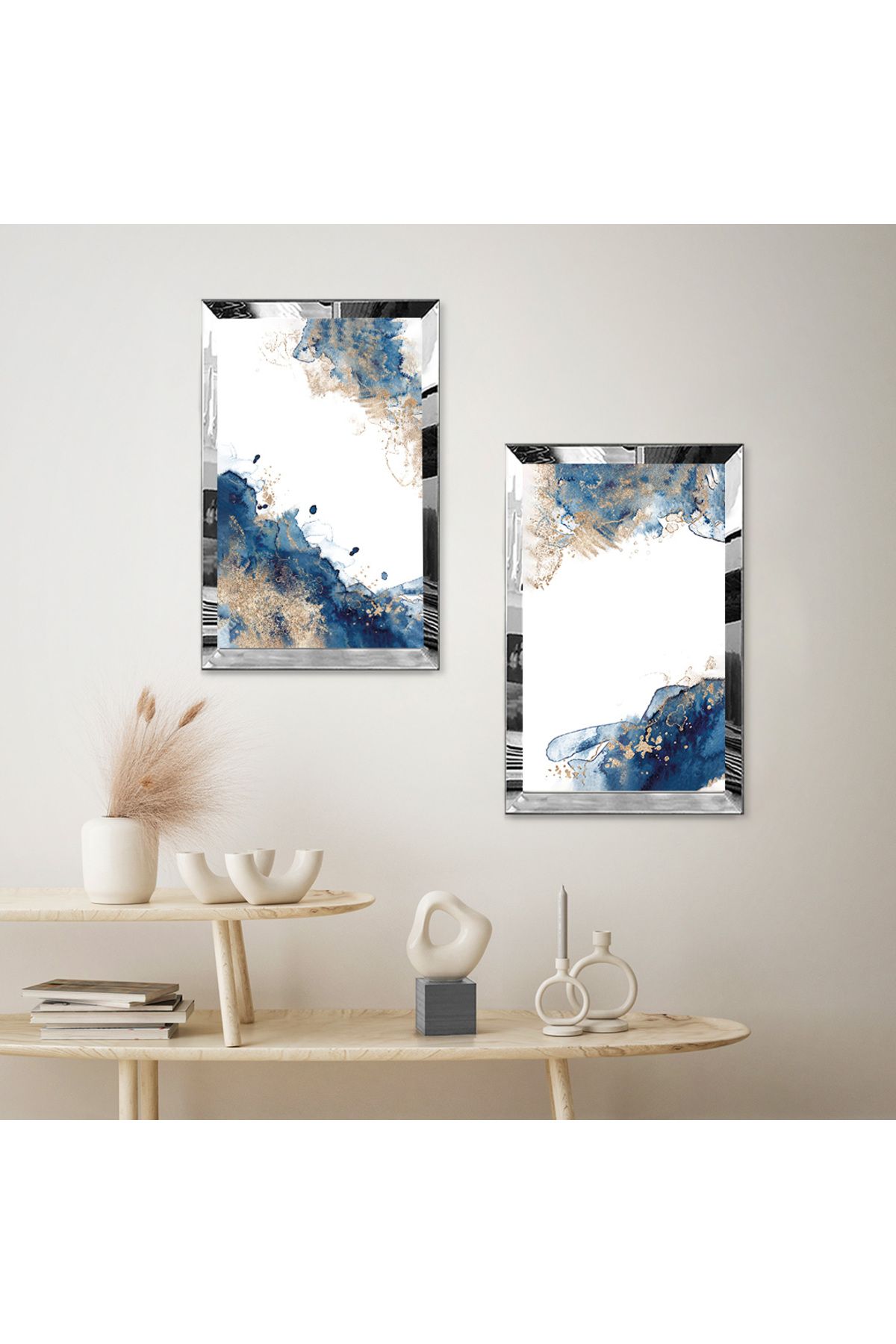 Zevahir Mobilya Dekorasyon-Silver Mirrored Plexi Frame with White Background Abstract Modern Blue Shapes Double Mdf Table Set 2