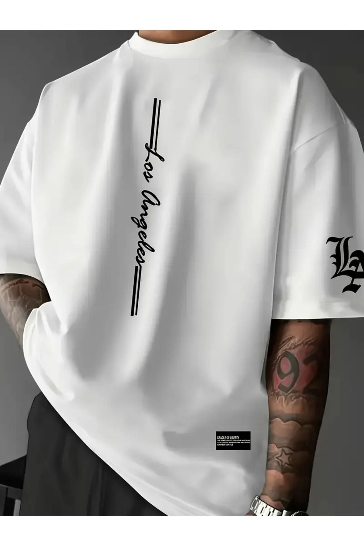 LAND MODA Erkekler için Rahat Yaka T-Shirt, Baskı Tasarımı, Polyester, Hafif Esneklik, Düzenli Kesim,