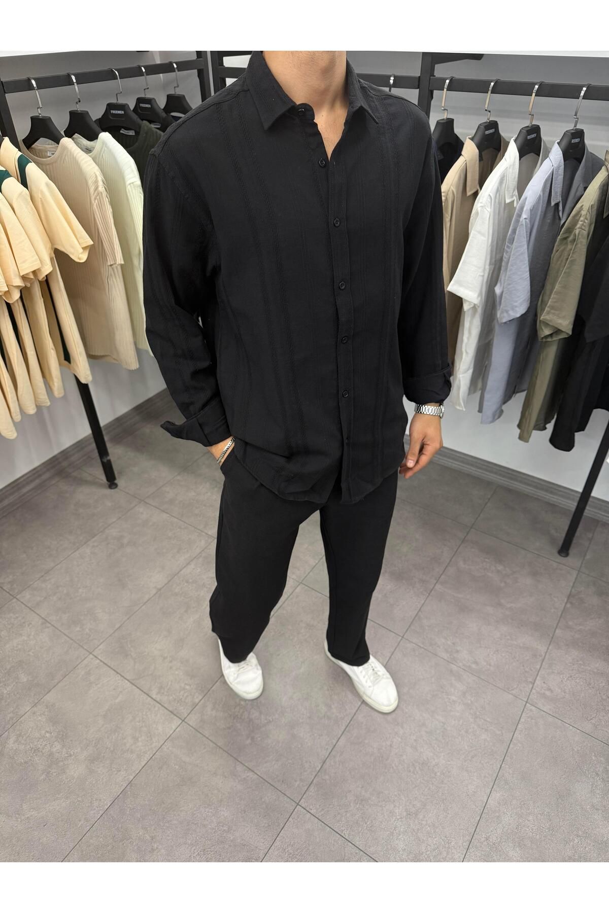 Butik Örgü Detaylı Oversize Keten Gömlek Siyah