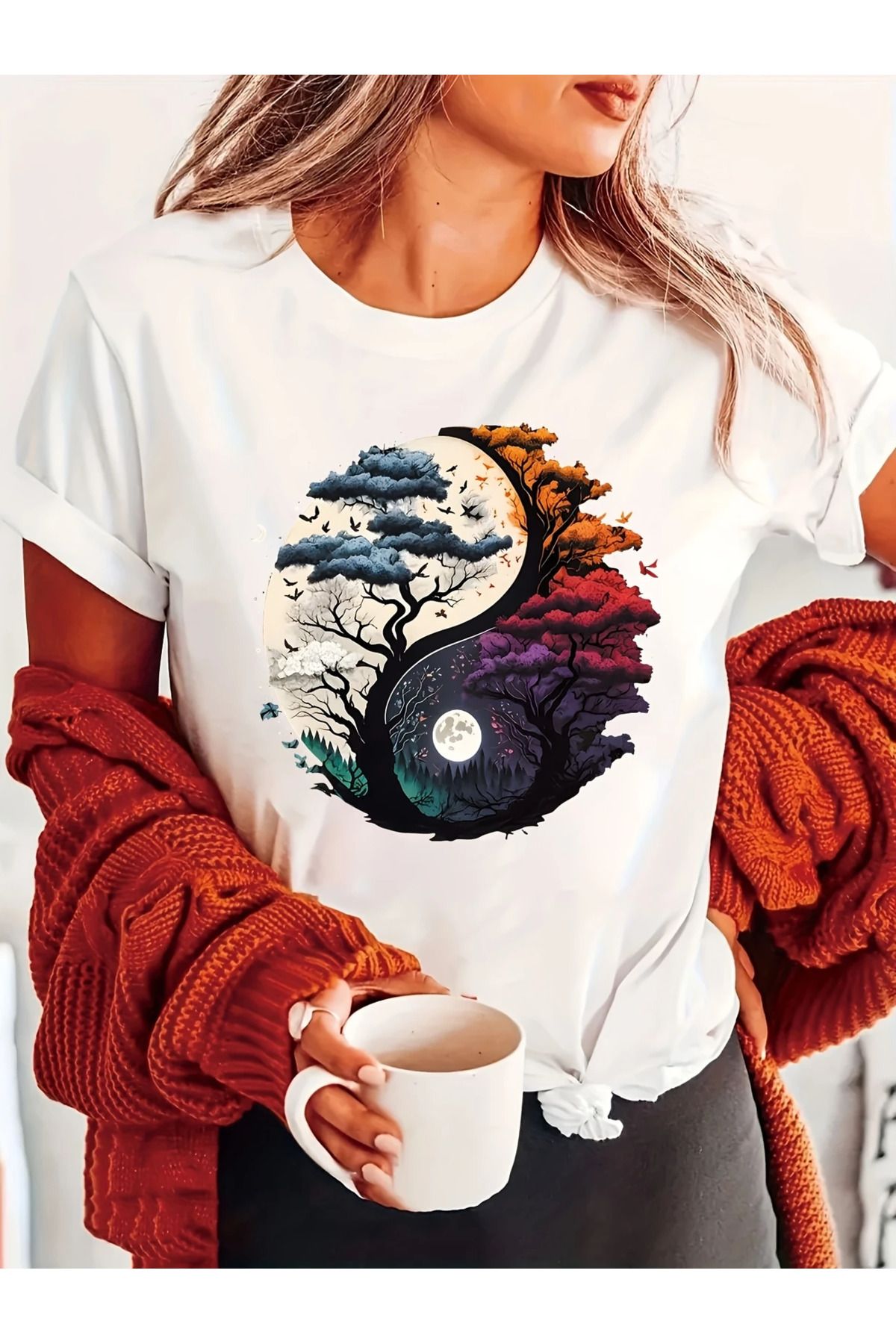 LAND MODA Kadınlar İçin Günlük Kısa Kollu Tişört - Yin-Yang Ağaç Geometrik Desenli Nefes Alabilen