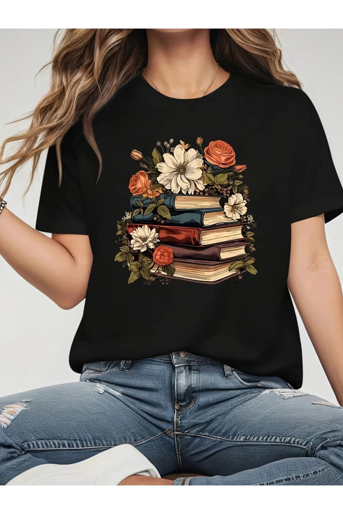 LAND MODA Çiçek ve Kitap Baskı Mürettebat Yaka T-shirt, İlkbahar ve Yaz İçin Rahat Kısa Kollu Üst, Kadın Giyim
