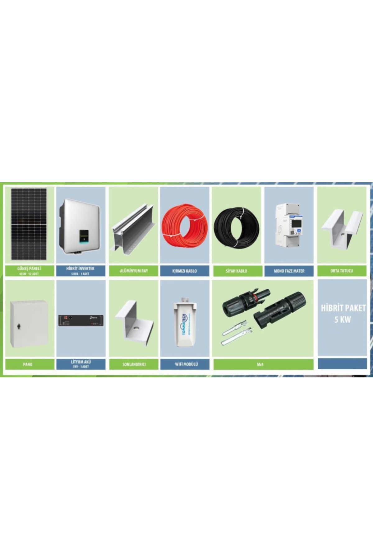 Fabri Solar Güneş Enerjisi Hibrit Solar Paket 5Kw Trifaze İnverter + 5Kw Lityum Akü