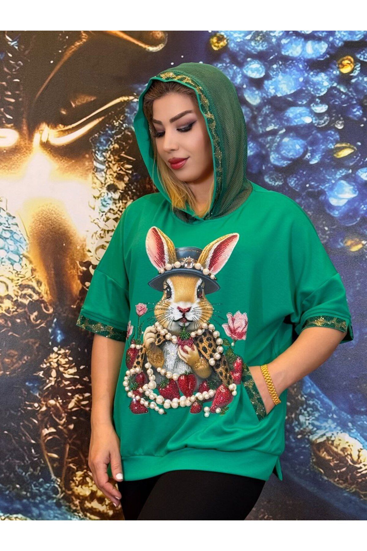 Yeşilmoda Sweatshirt,Leopar Detayları,El işi,Yüksek kalite,3iplik,Pamuklu,Yeşil,Cepli,Şapkalı,Taşli ve İnci