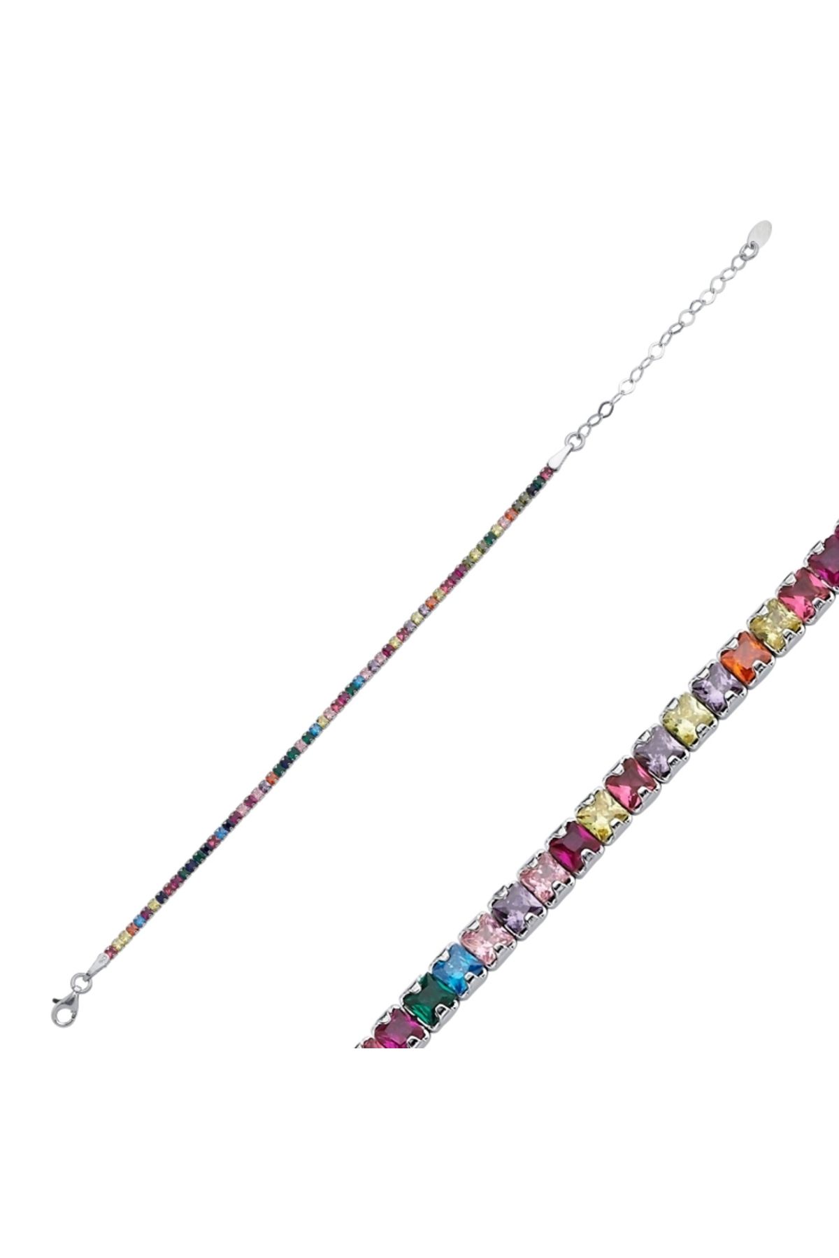 Cherrys Luxury 925 Ayar Gümüş 2mm Kare Renkli Zirkon Taşlı Suyolu Bileklik