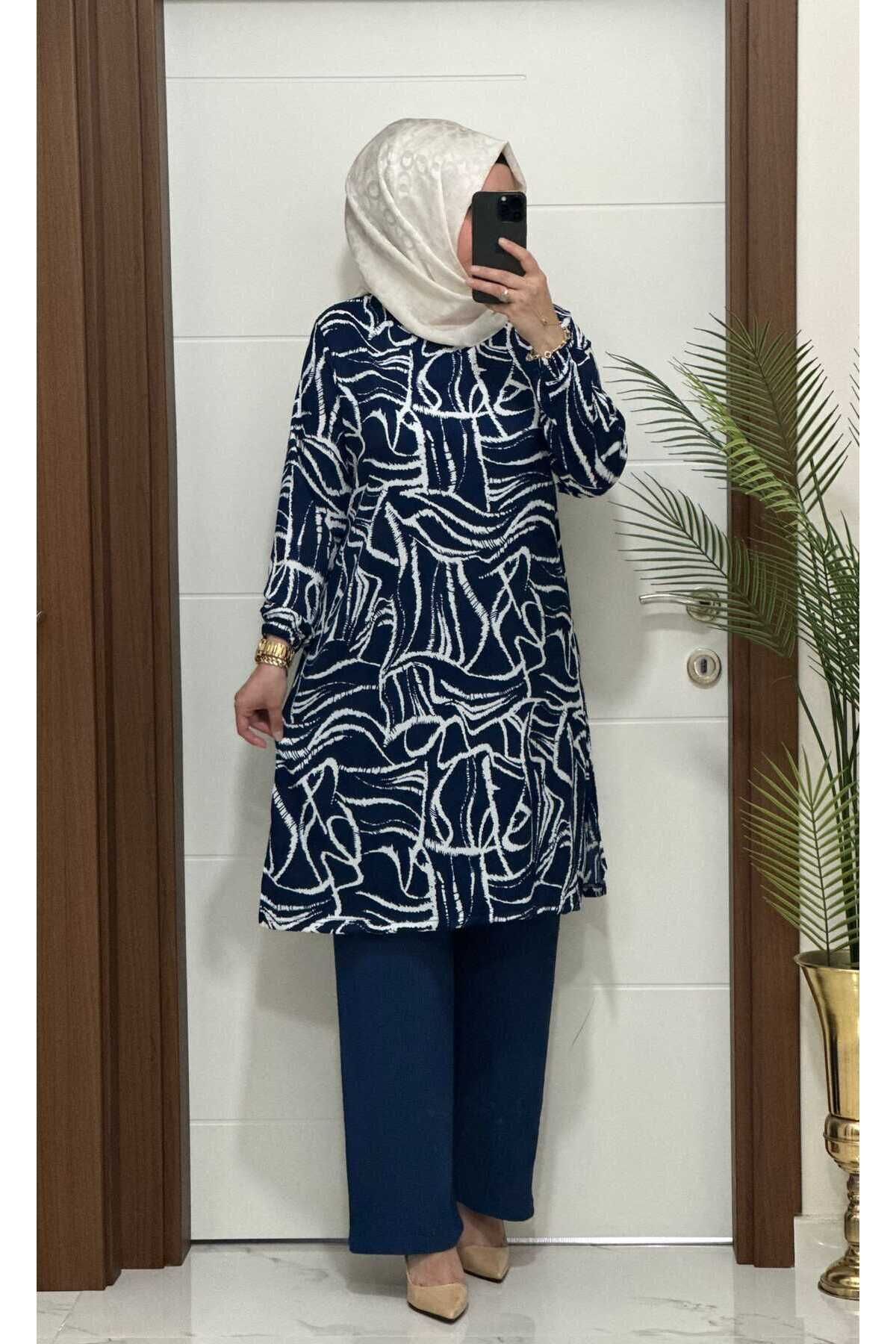 modasura 4252 K 60 INDIGO SEÇİL TUNİK PANTOLON TAKIM bürümcük kumaş büyük beden elbise yeni sezon