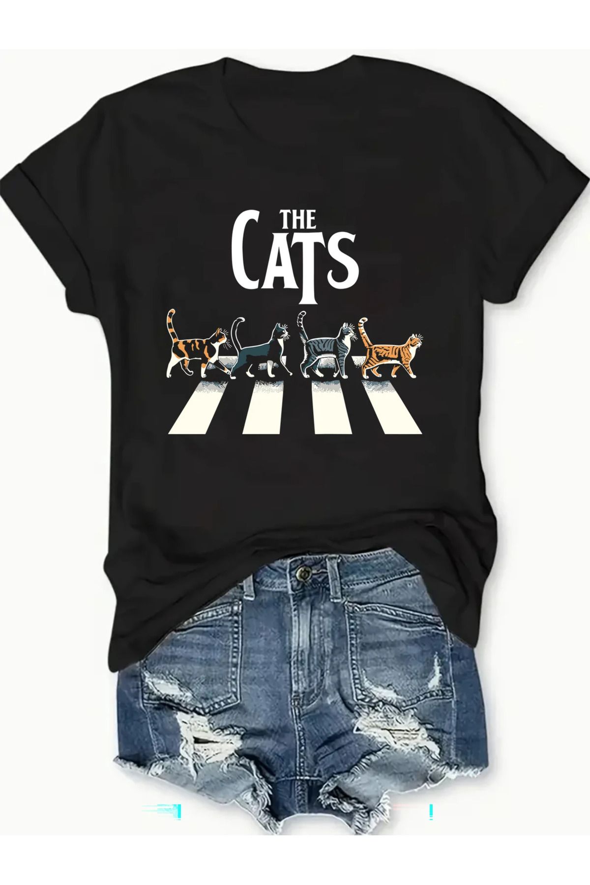 LAND MODA Kadın Büyük Beden Retro Kedi Rock and Roll Tişörtü, Rahat Kısa Kollu Yuvarlak Yaka Tişört,