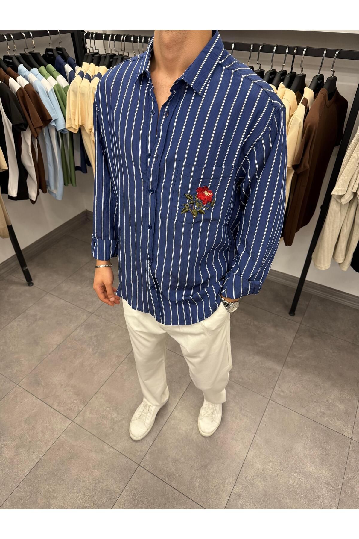 Butik Gül Nakışlı Çizgili Jakar Kumaş Oversize Gömlek Lacivert