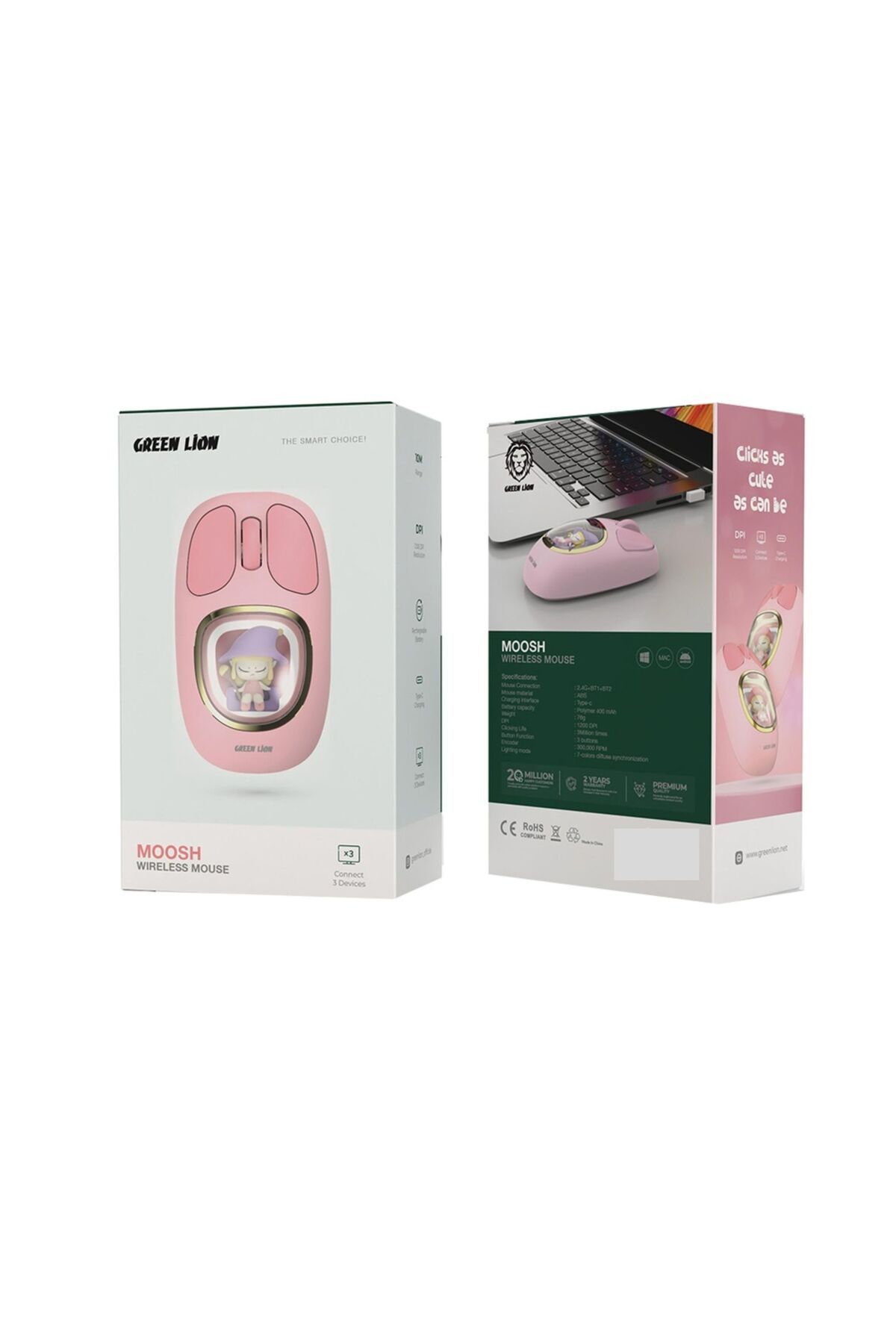 Green Lion-Moosh Wireless Mouse with 7-Color Diffuse Lighting - Pink 2