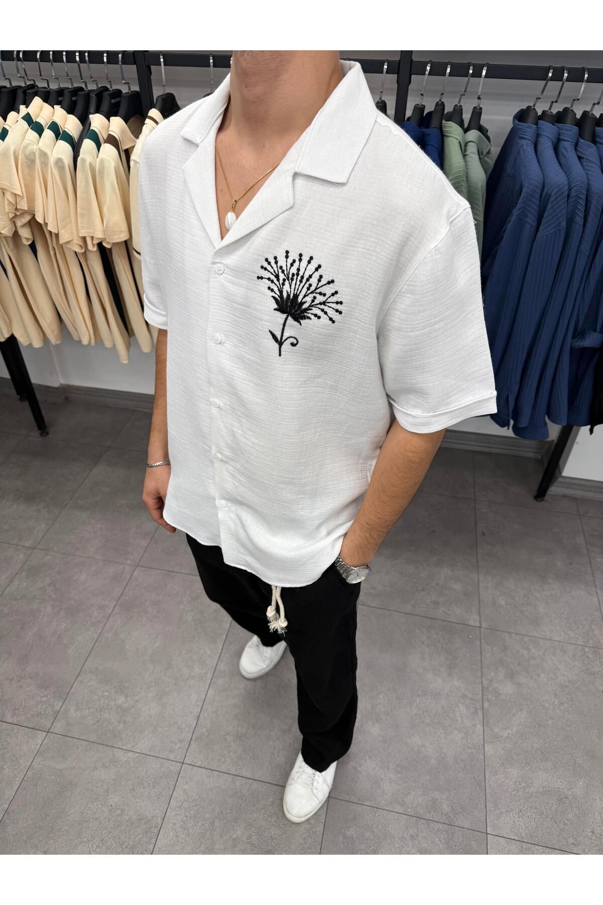 Butik Nakış İşlemeli Kısa Kol Oversize Gömlek Beyaz