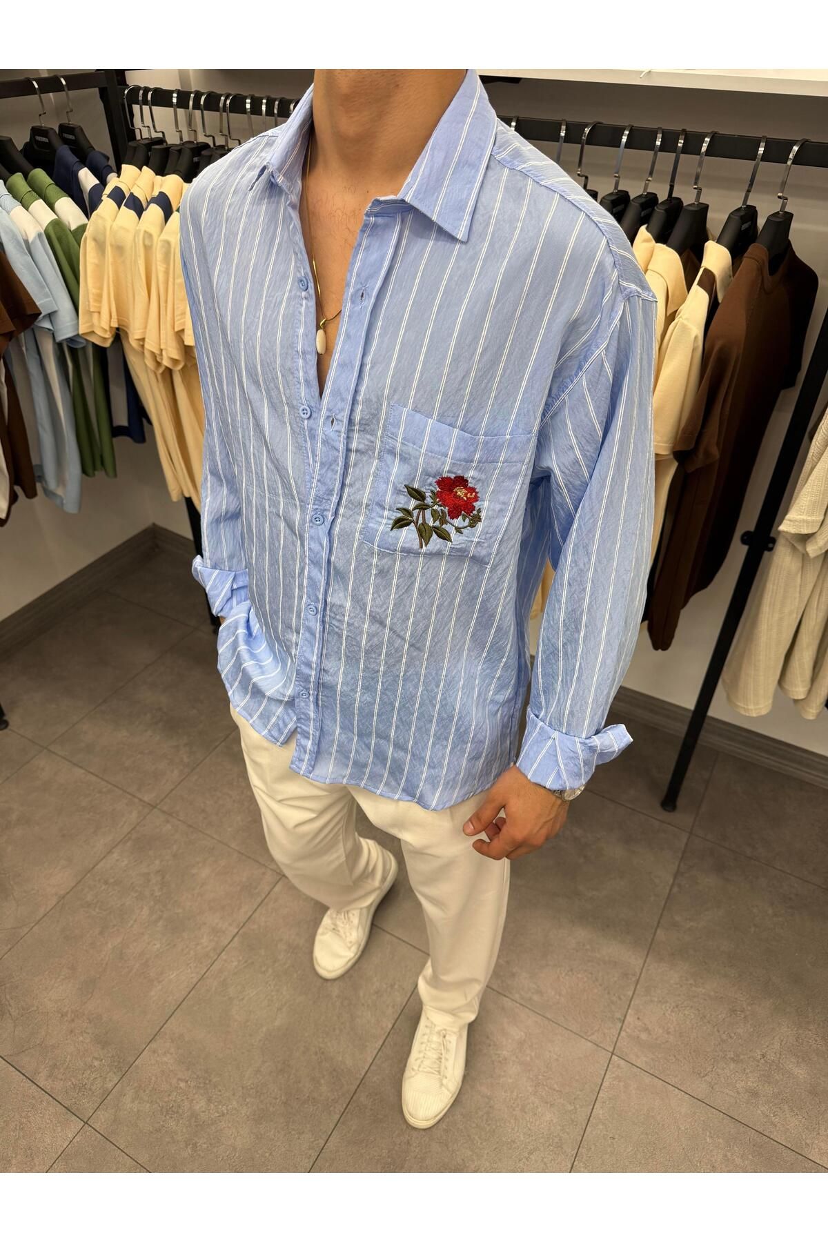 Butik Gül Nakışlı Çizgili Jakar Kumaş Oversize Gömlek Bebe Mavisi