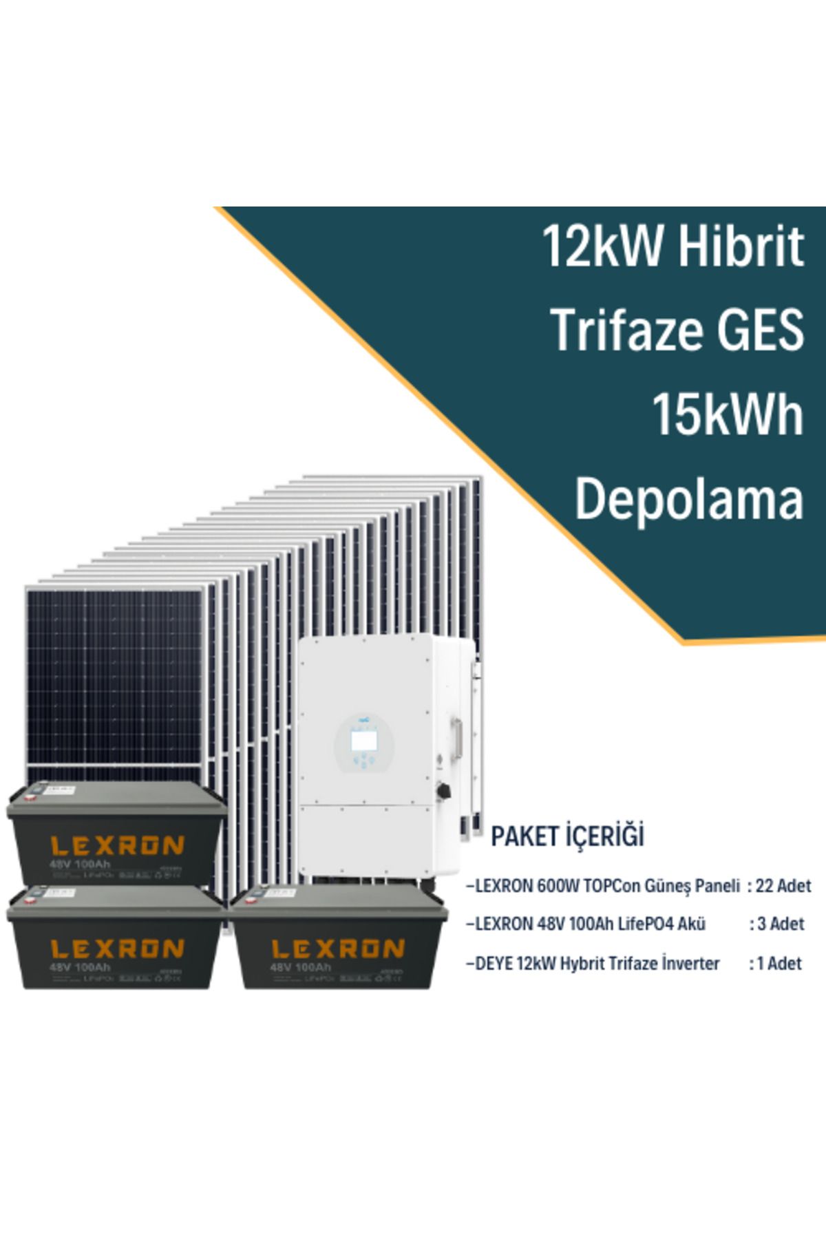 Fabri Solar Güneş Enerjisi Hibrit Solar Paket 12Kw Trifaze İnverter + 22X 600W Güneş Paneli + 3X 48V 100Ah Lityu