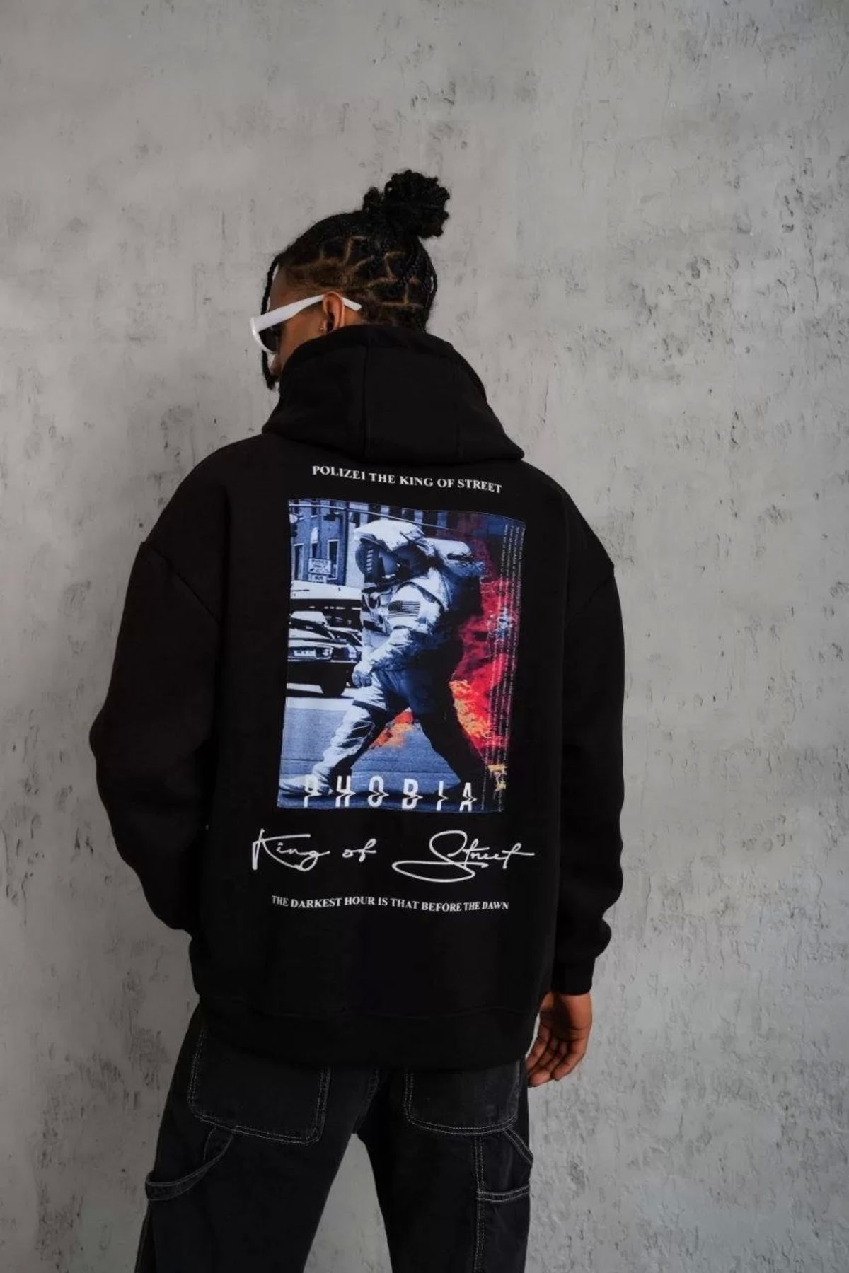 luz&pos Erkek Astronot Baskılı Kapüşonlu Sweat - Siyah