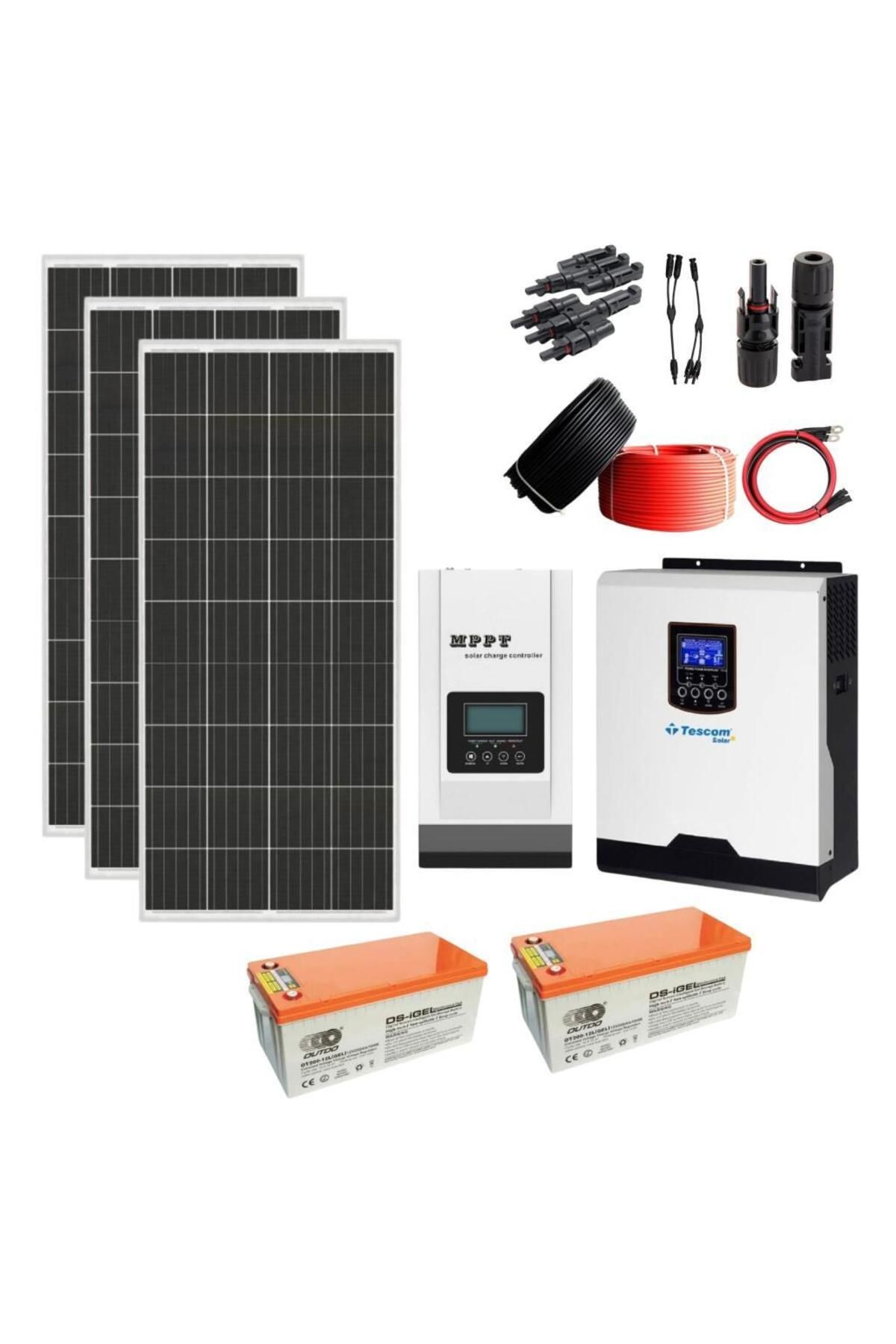 Fabri Solar Güneş Enerjisi Hazır Solar Paket – 1Kw İnverter + 3X 210W Güneş Paneli + 2X 12V 100Ah Jel Akü