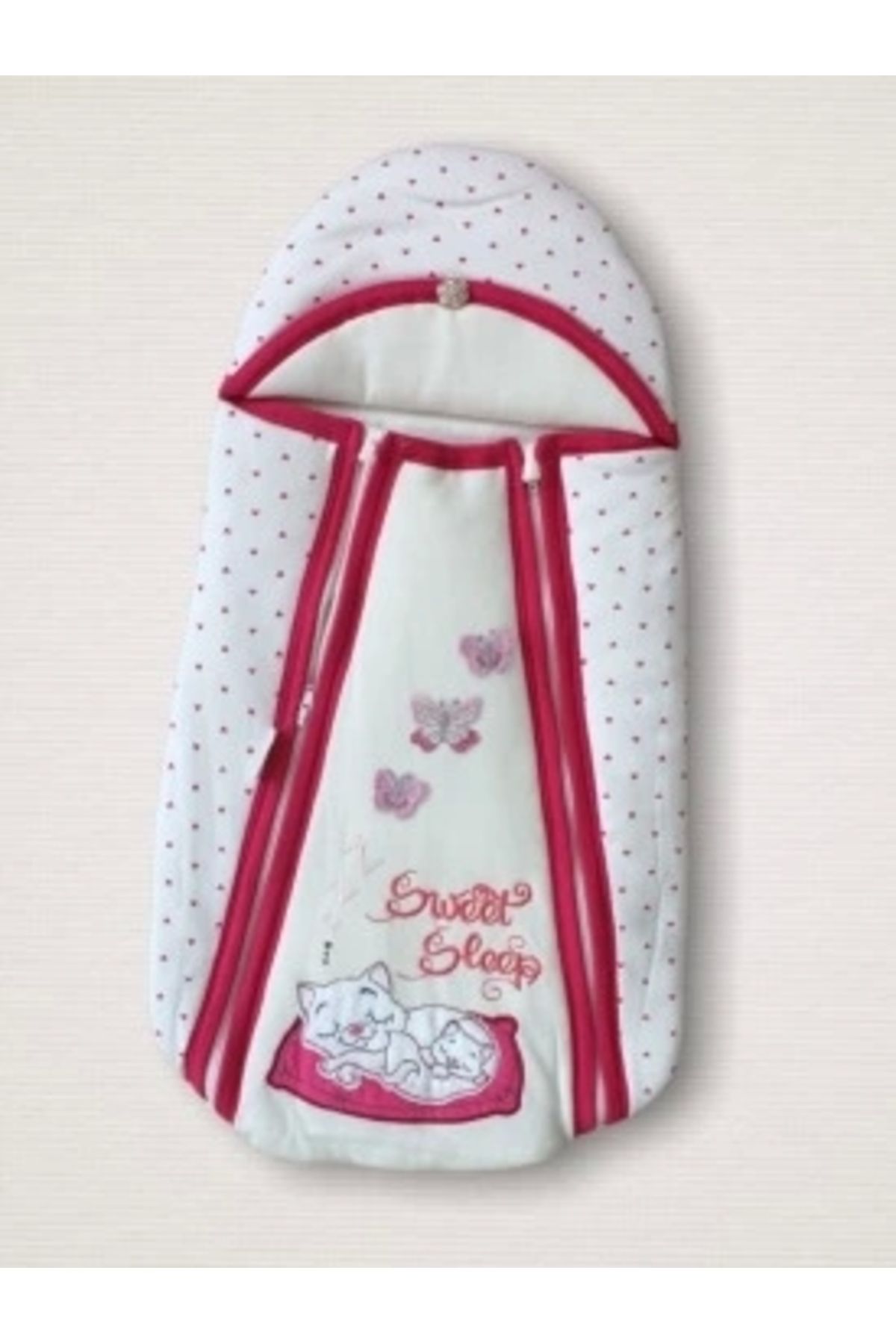 Diji Baby Yenidoğan Sevimli Uykucu Kedi Nakışlı Şapkalı Çift Fermuarlı Kız Bebek Kundak Bebek Battaniyesi