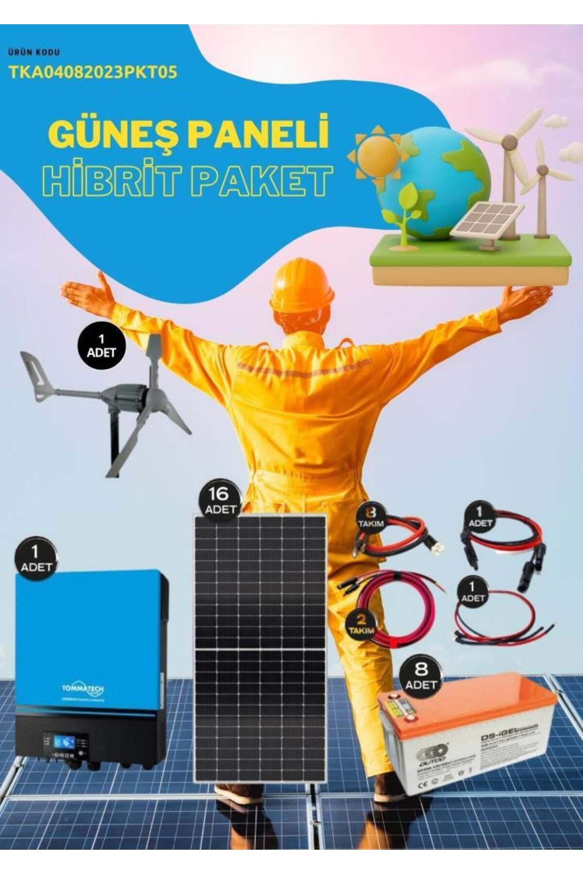 Fabri Solar Güneş Enerjisi Hibrit Paket 5 – 7.2Kva Inverter + Güneş Paneli +8 x 12 V 200 Ah Jel Akü Derin Döngü