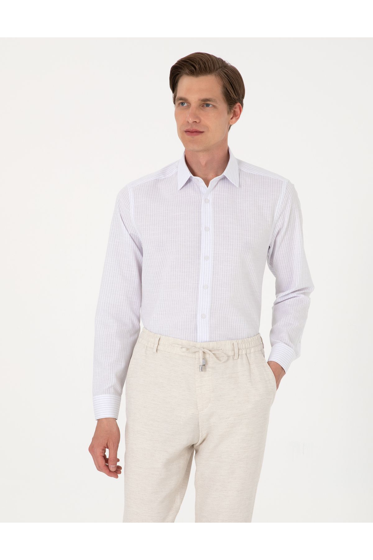 Pierre Cardin Lacivert Slim Fit Çizgili Uzun Kollu Gömlek 50307294-VR033