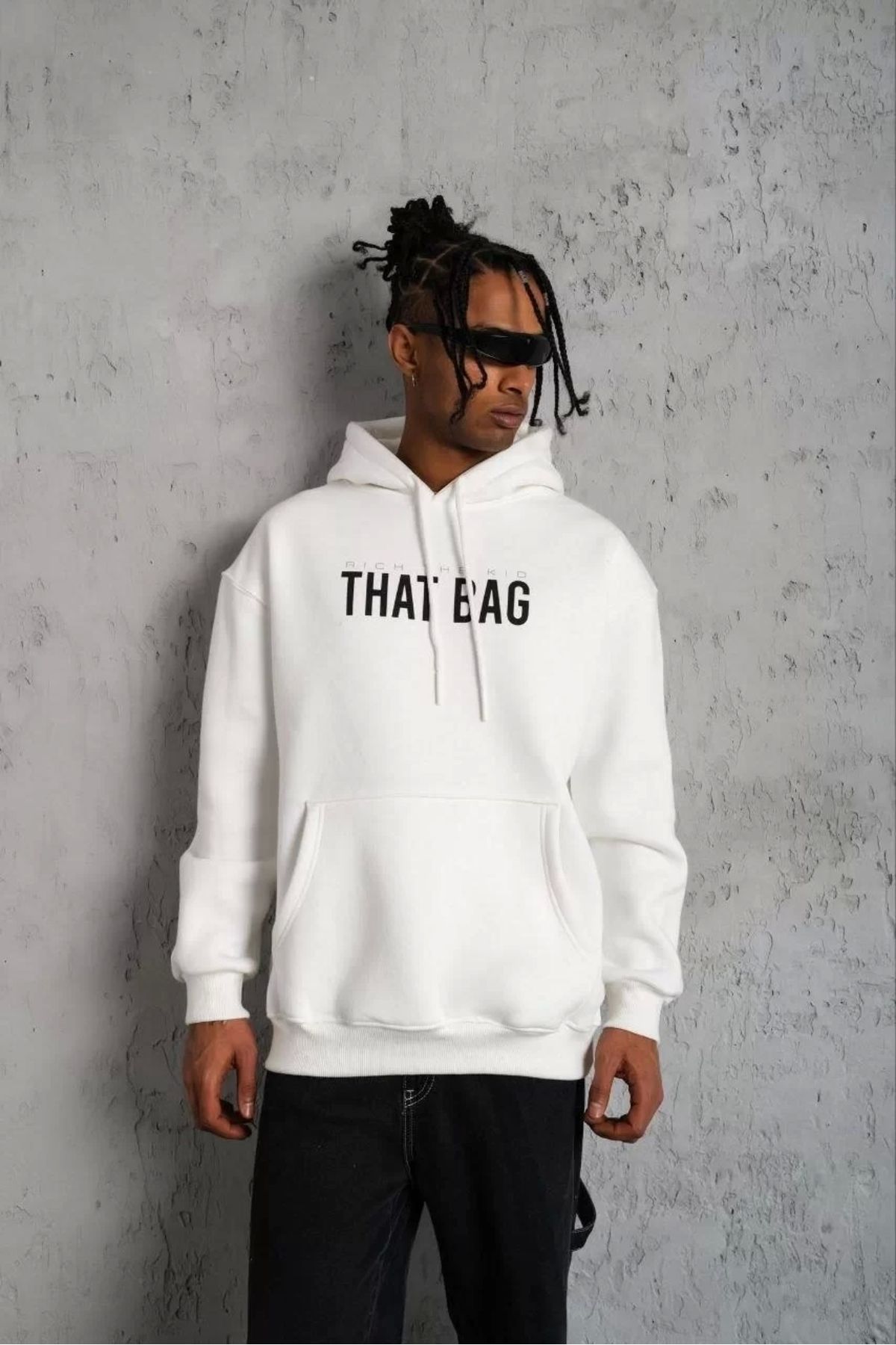 luz&pos Erkek Kanguru Cep Baskılı Kapüşonlu Sweatshirt - Beyaz
