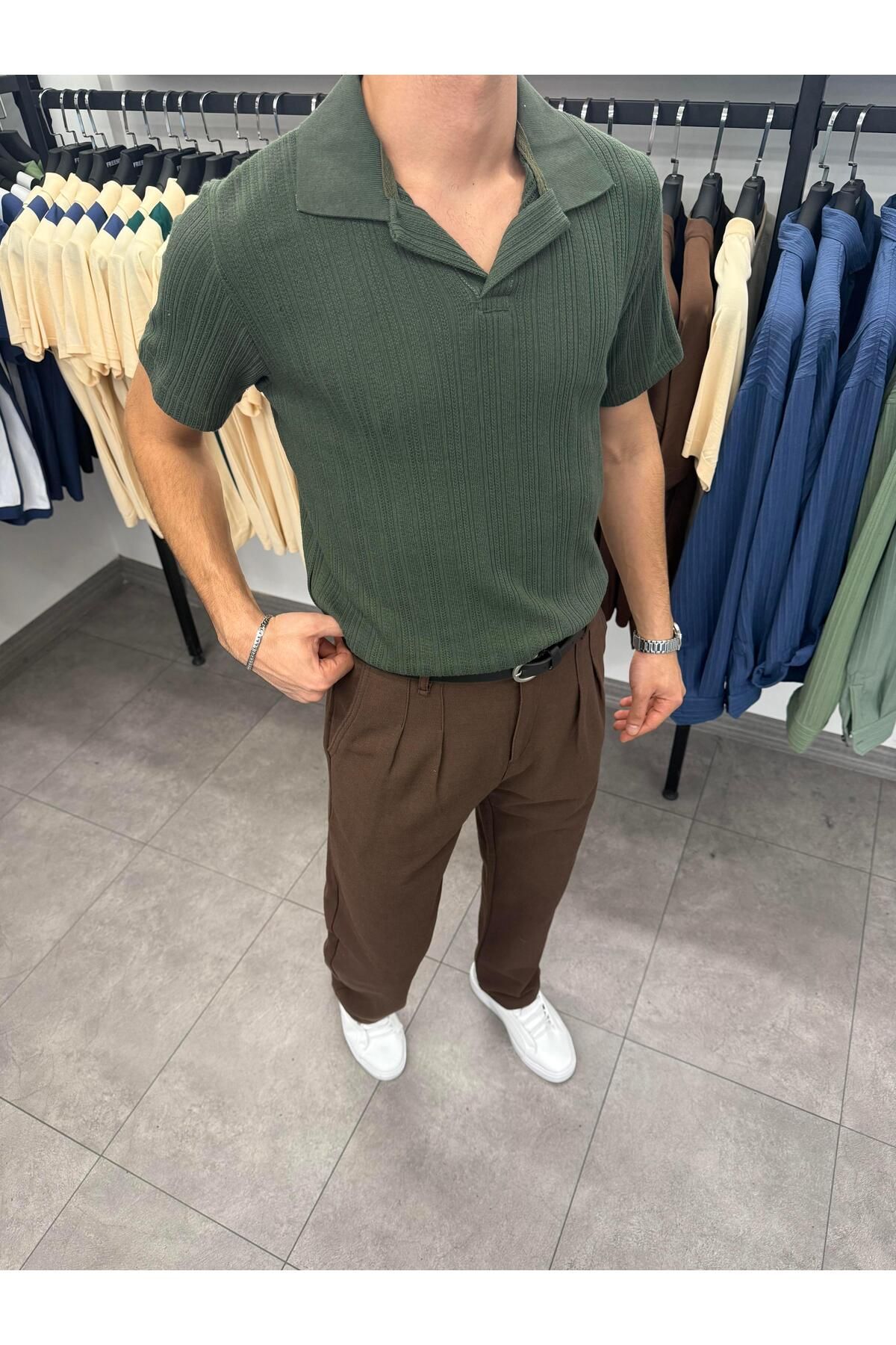 Butik Örme Desenli Apaç Yaka Triko Yeşil