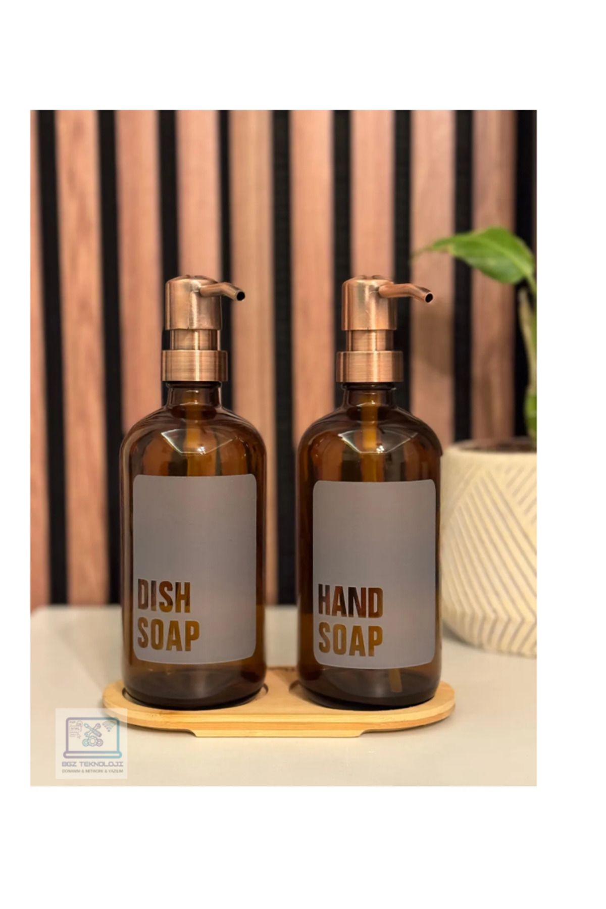 bgz butik 2’li Ahşap Stantlı Cam Mutfak Banyo Sıvı Sabunluk Sıvı Deterjan Seti 500 ml