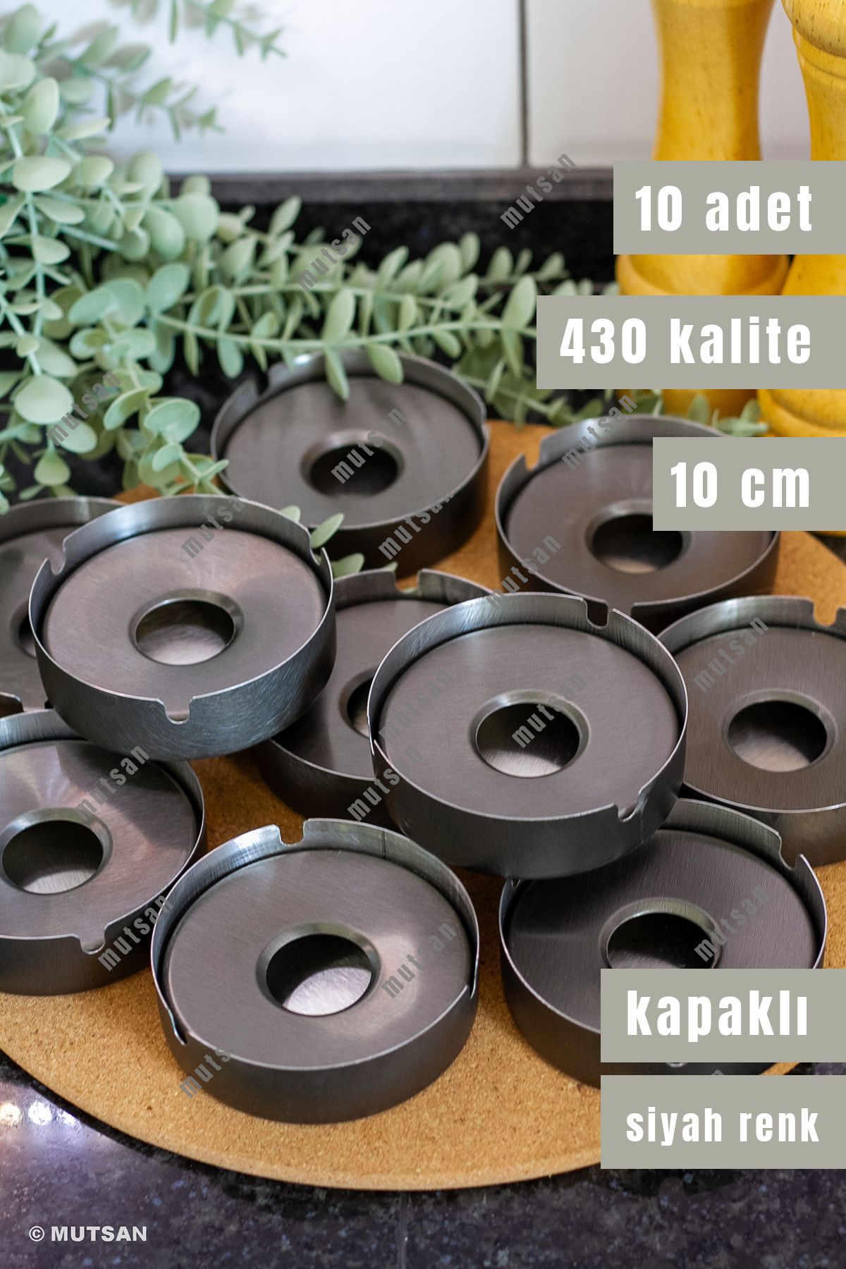 Mutsan 10'lu Siyah Paslanmaz Çelik Kapaklı Küllük Seti | 10 cm 430 Kalite | Restoran, Kafe Ve Otel