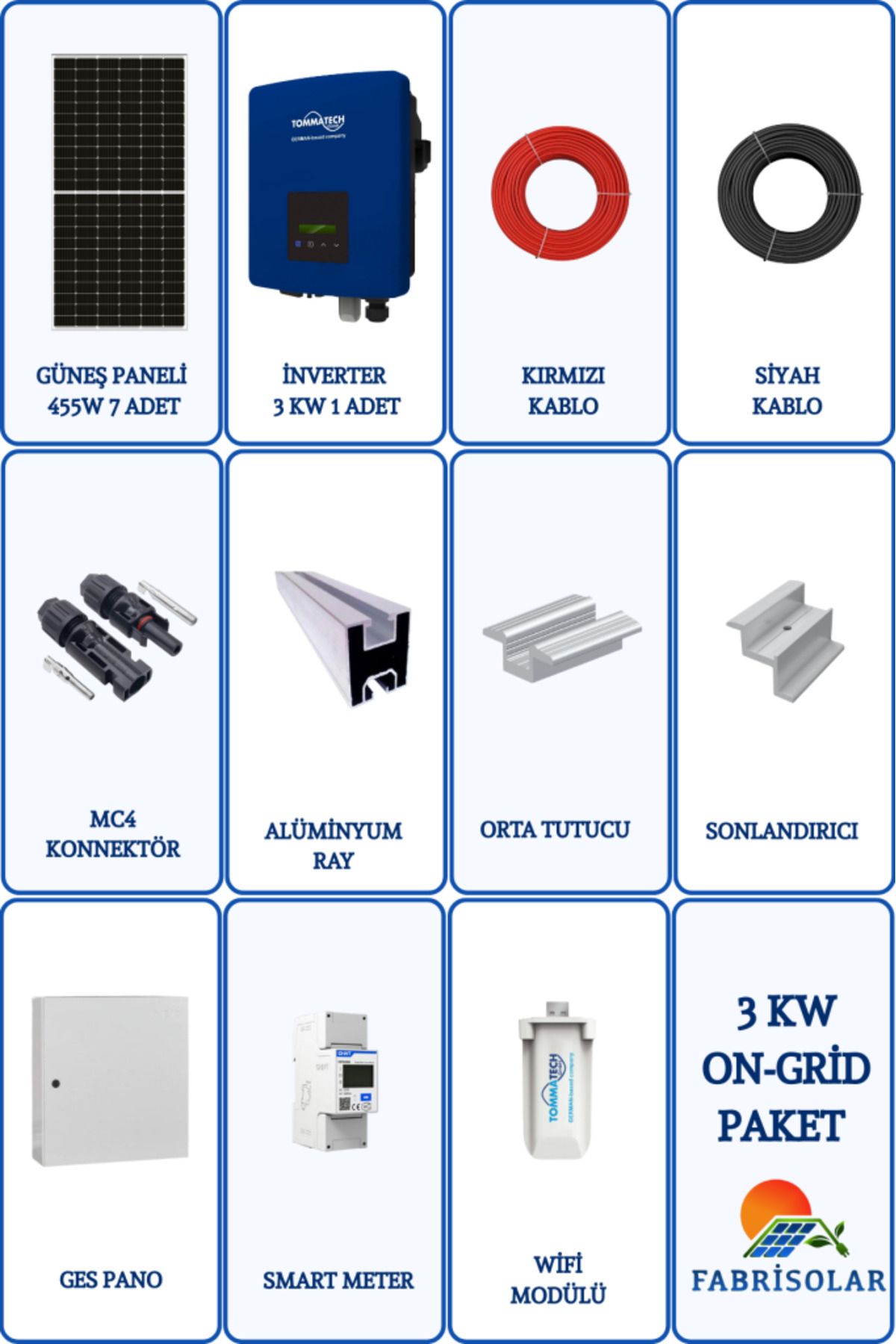 Fabri Solar Güneş Enerjisi On Grid 3Kw Monofaze Solar Paket Sistemi