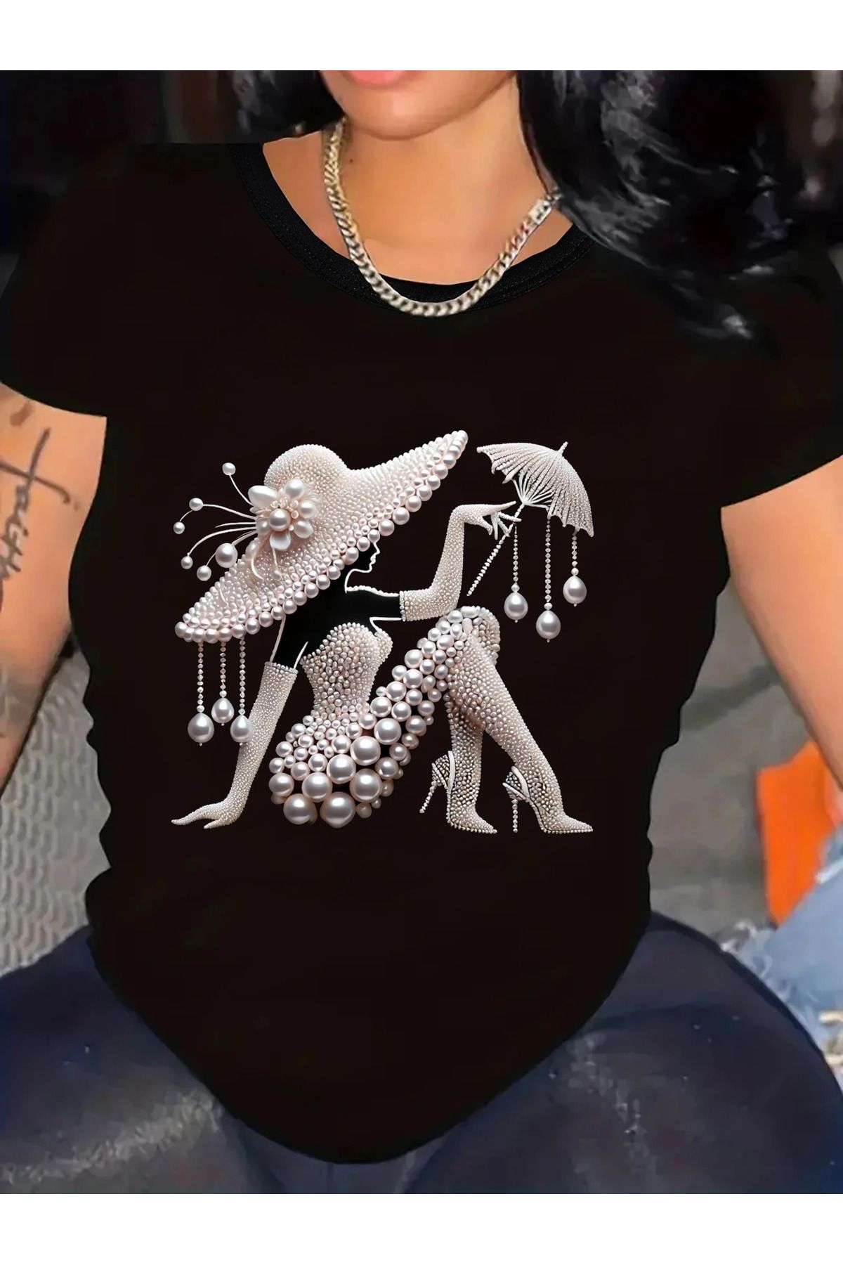 LAND MODA Şık İnci Grafik Kadın Kısa Kollu T-Shirt, Esnek Polyester Kumaş, Yuvarlak Yaka Kazak,