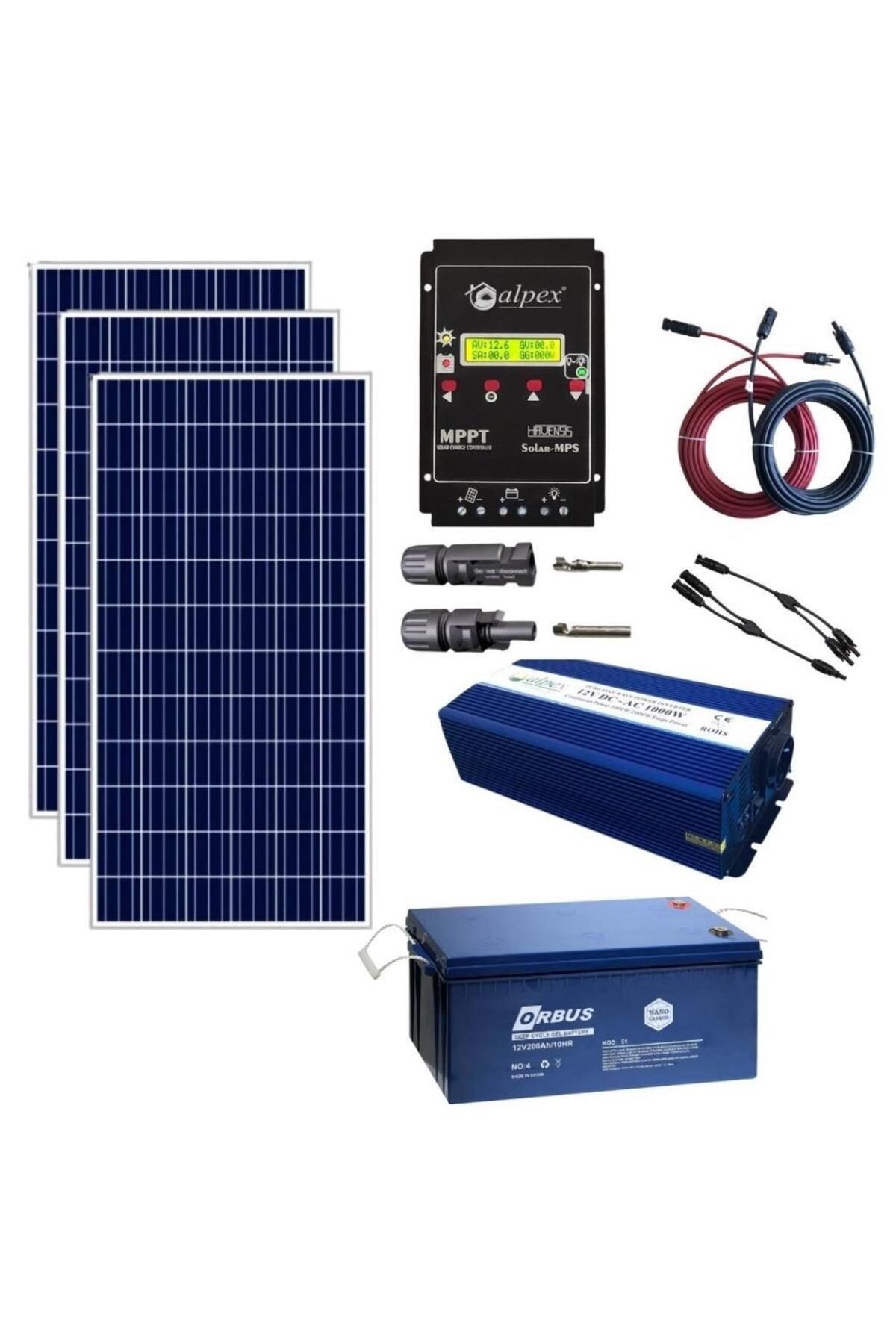 Fabri Solar Güneş Enerjisi Bağevi Solar Paket – 1000W Tam Sinüs İnverter + 3X 220W Güneş Paneli + 1X 12V 200Ah J