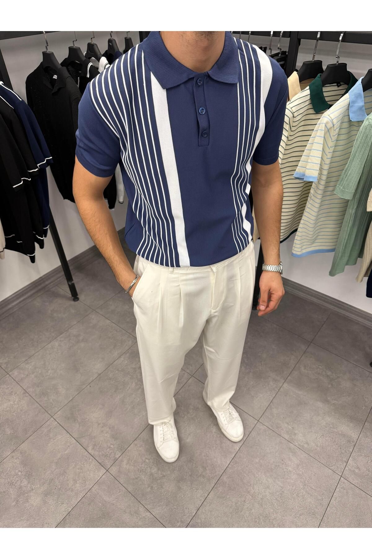 Butik Asimetrik Desen Polo Yaka Triko Lacivert
