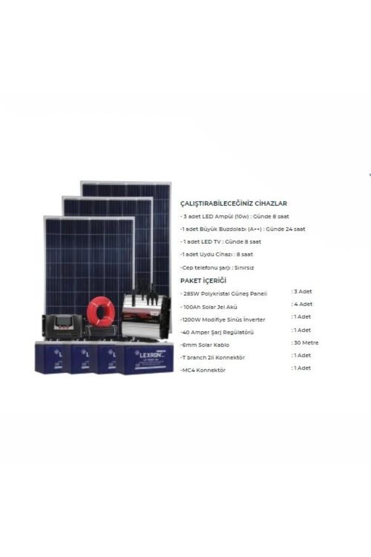 Fabri Solar Güneş Enerjisi Bağevi Solar Paket – 1200W Modifiye Sinüs İnverter + 3X 285W Güneş Paneli + 4X 12V 10
