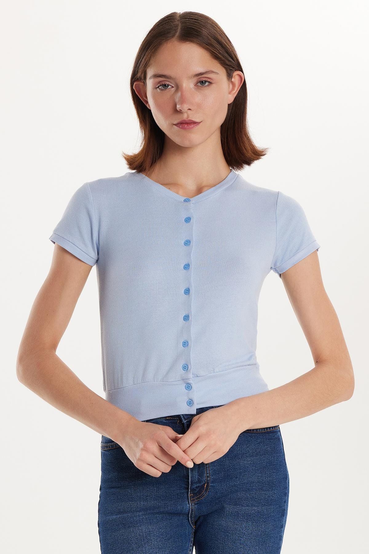 Tudors Kadın Slim Fit Dar Kesim Kısa Kollu Bisiklet Yaka Düğmeli Mavi Hırka
