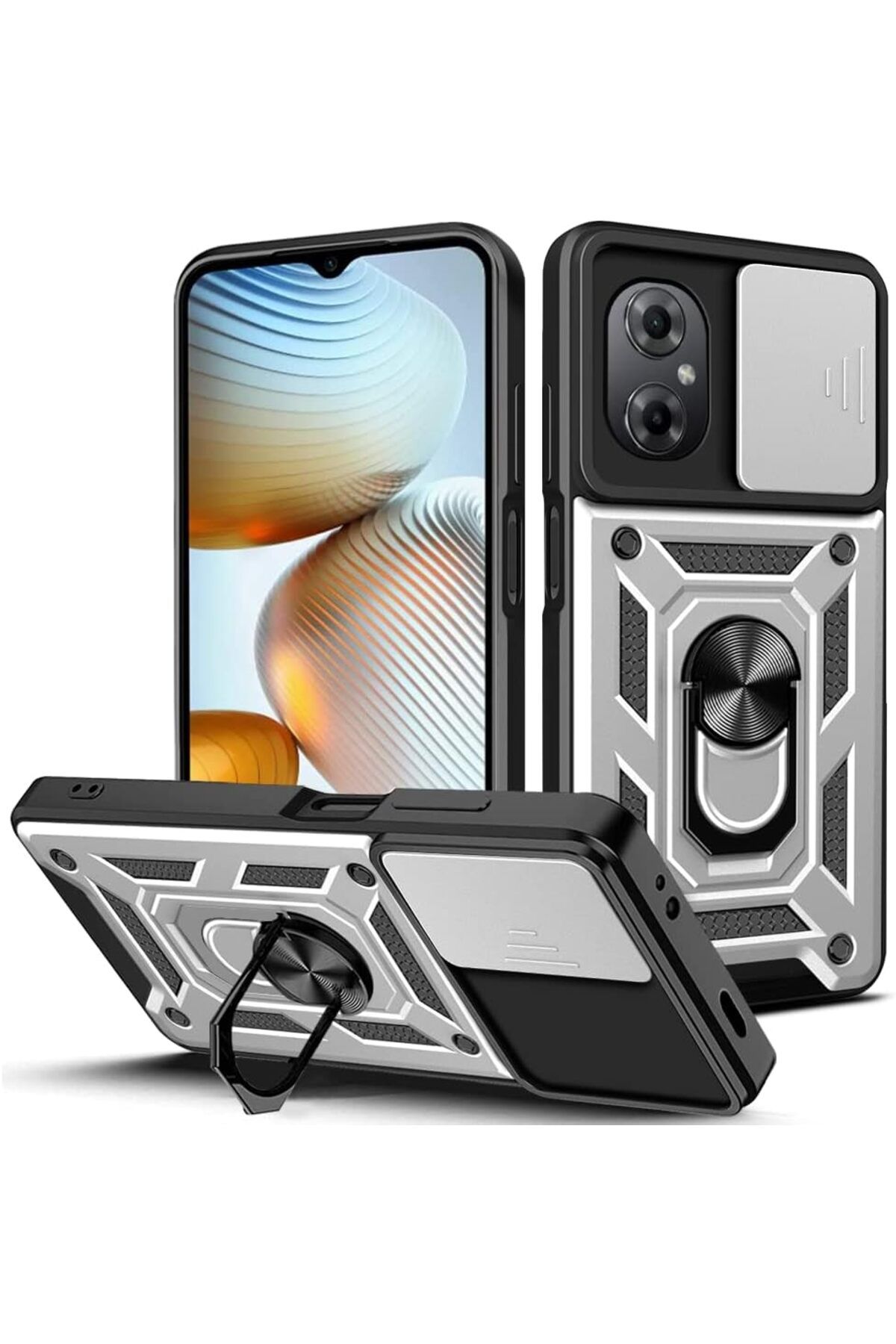 Rivor Xiaomi Poco M5 Uyumlu Kılıf Kamera Sürgülü Standlı Yüzüklü Darbe Emici Zırh Koruyucu Tank Kapak