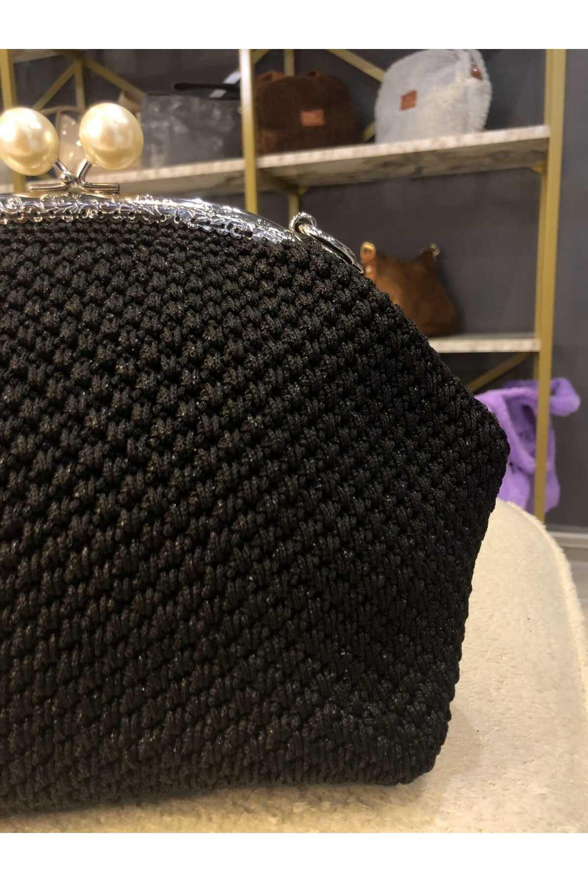 Hane El Yapımı Zarif Siyah Rhinestone İşlemeli Clutch/Omuz Çantası