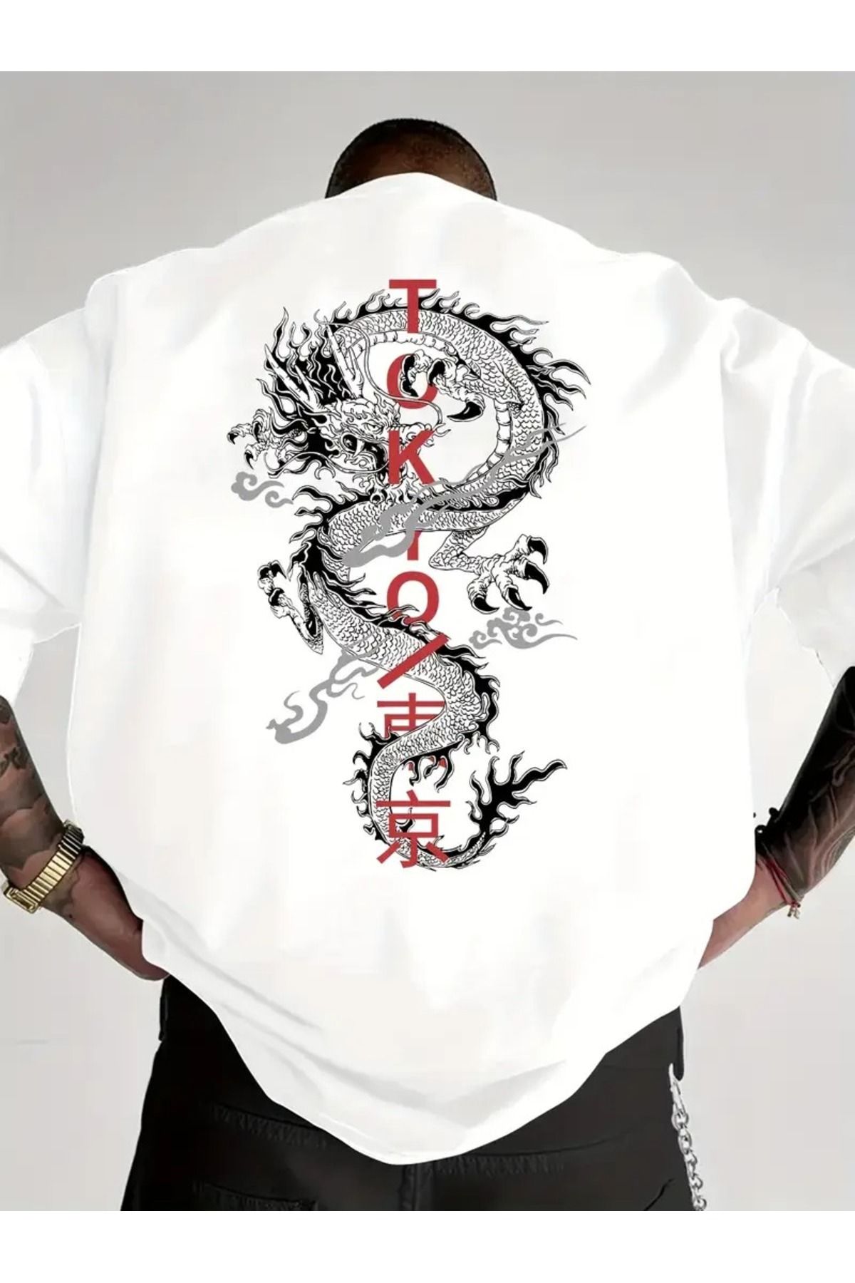 LAND MODA Erkekler için Japon Anime Ejderha Desenli Rahat Bol Kesim Kısa Kollu T-Shirt - %100