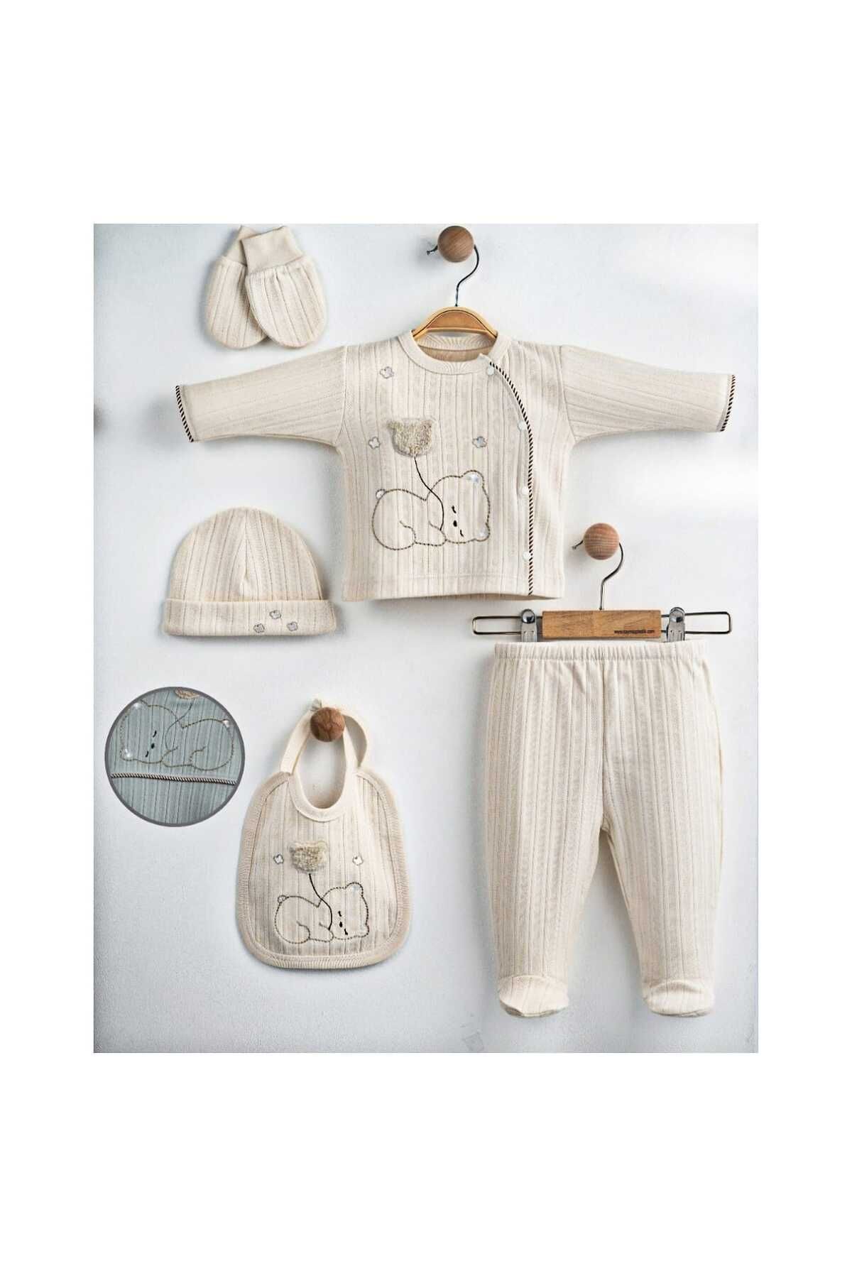 Gaye Bebe Balonlu Ayıcık Nakışlı 5 li Unisex Yenidoğan Hastane çıkışı Zıbın Seti