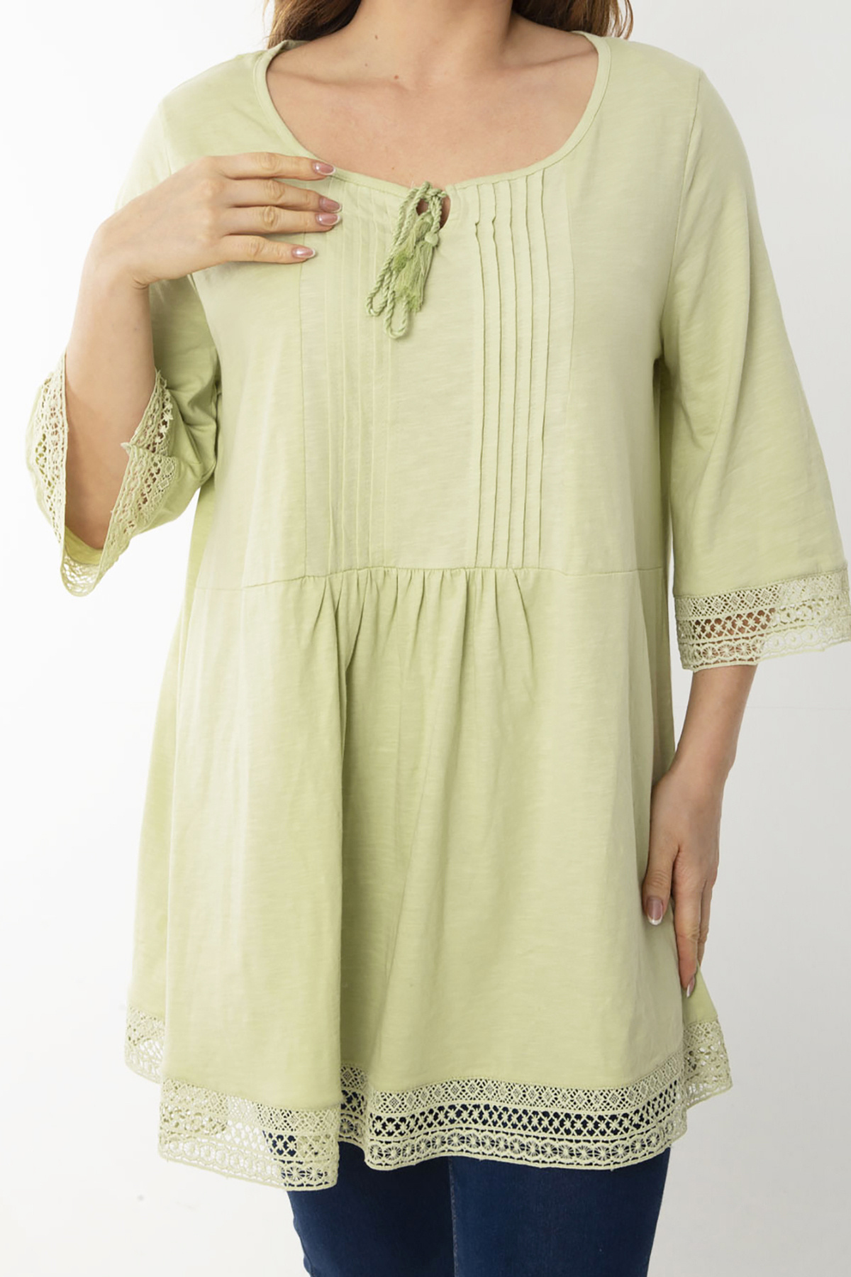 Şans-Women's Large Size Green Ribbed Stitched Tunic with Lace Detail at Cuffs and Hem 65N36876 6